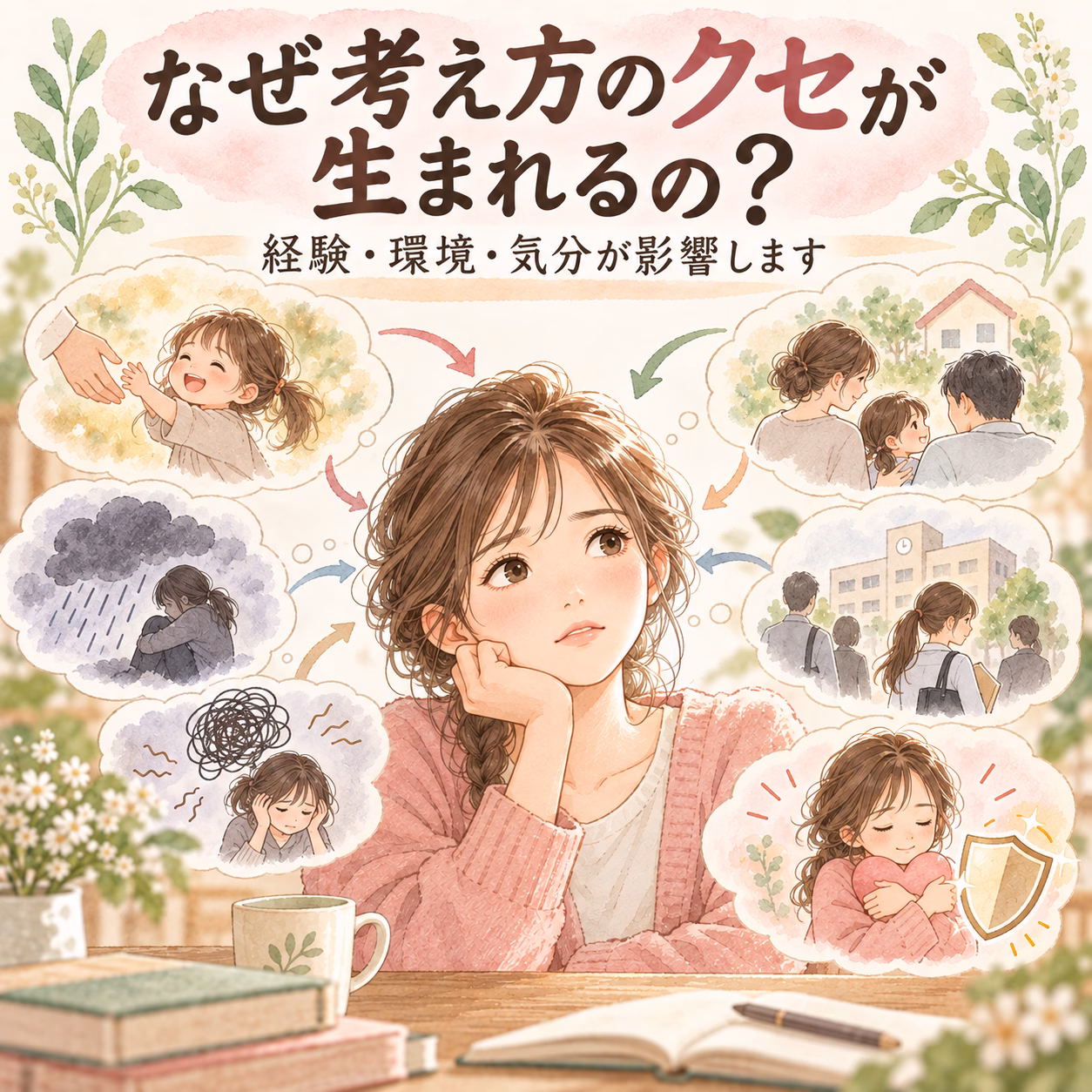 Illustration of a woman at a desk daydreaming, surrounded by thought bubbles about family, rain, school, and future.