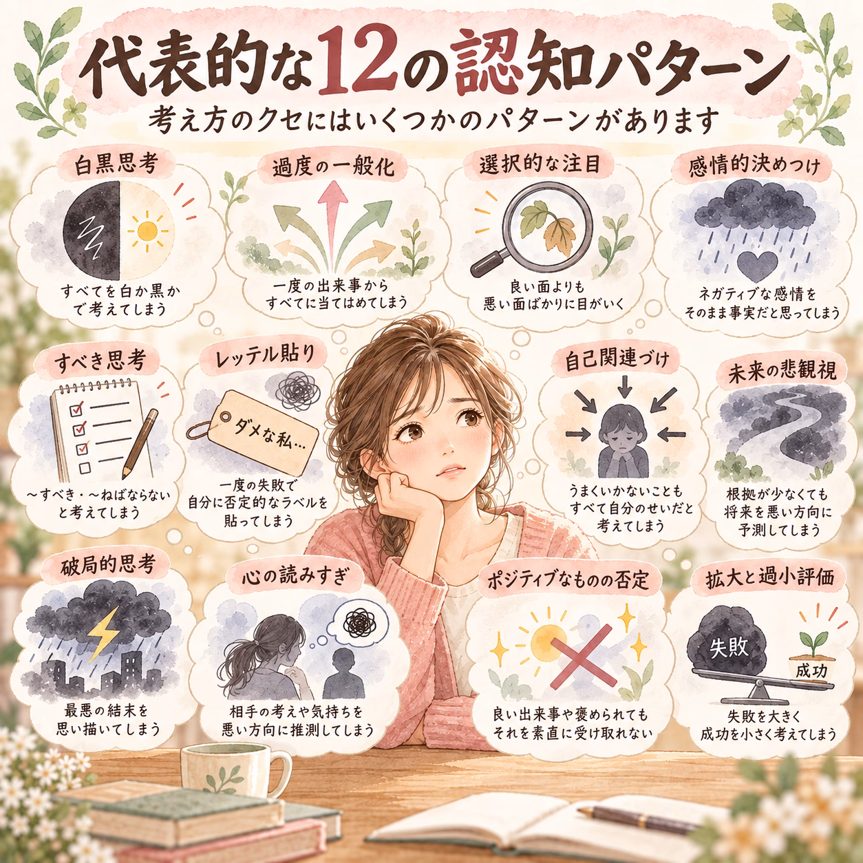 Thoughtful young woman surrounded by pastel bubbles showing 12 common thinking patterns (Japanese infographic).