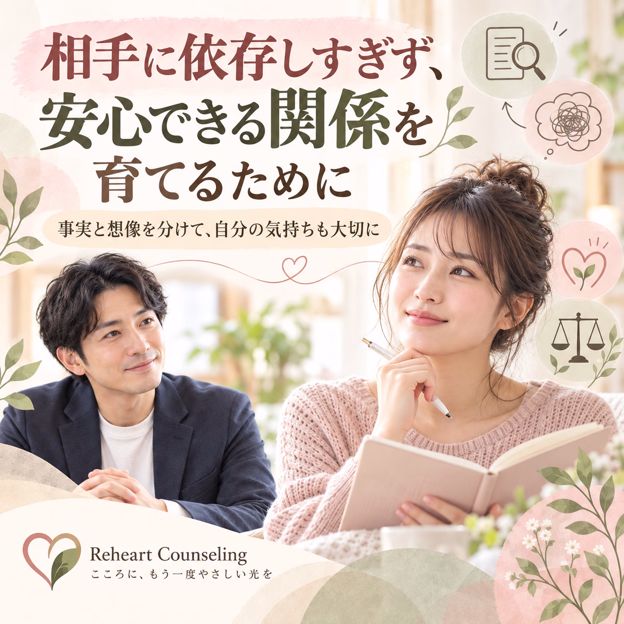 Promotional poster for Reheart Counseling with a thoughtful couple in a cozy setting, pastel design, and Japanese text about building healthy relationships.