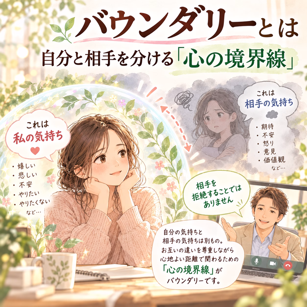 Illustrated scene of a woman at a desk smiling thoughtfully, surrounded by plants, with speech bubbles about personal feelings and boundaries in Japanese; a man appears on a video call, encouraging healthy boundaries in a calm, supportive setting.