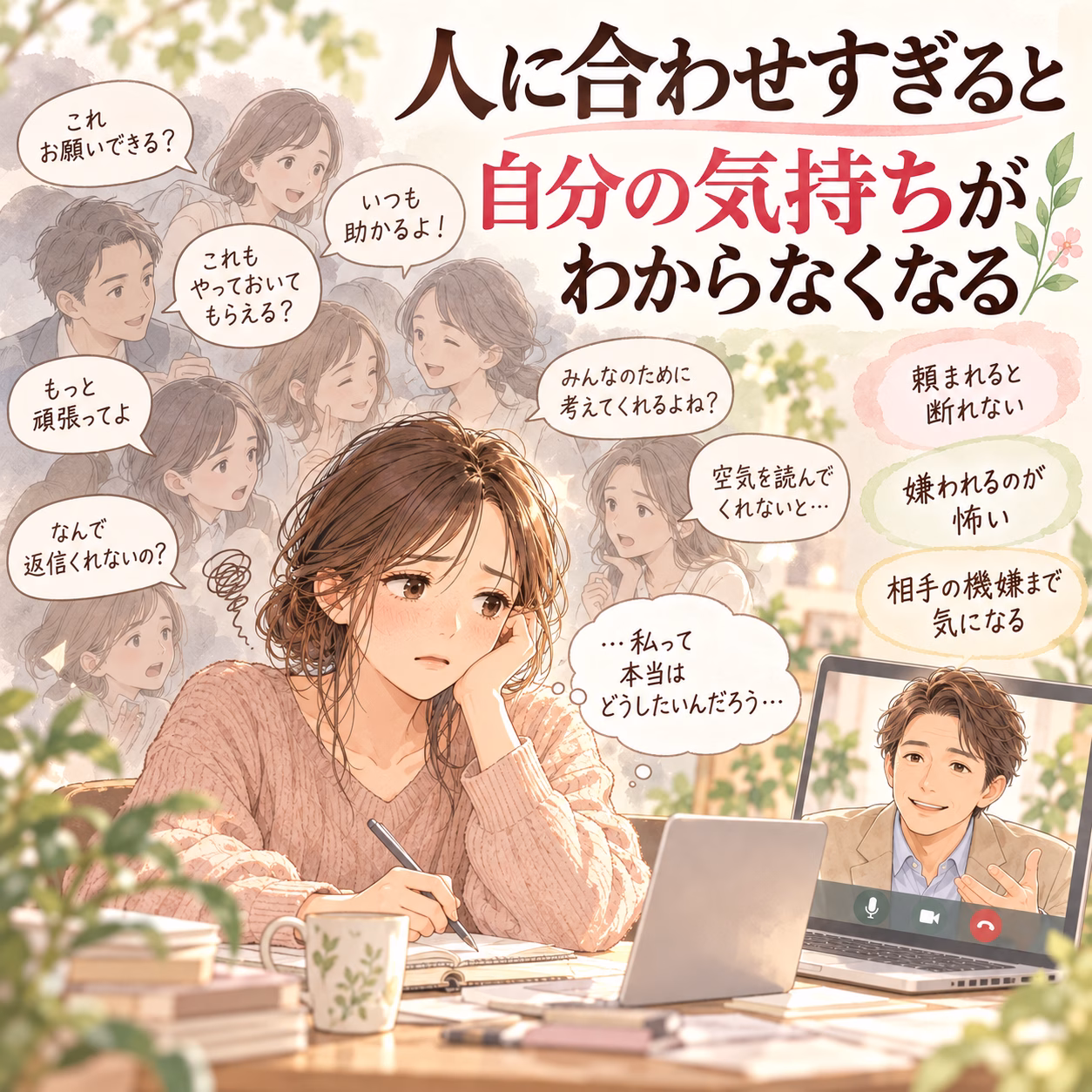 A stressed woman sits at a desk writing in a notebook while a laptop shows a video call with a smiling man; numerous speech bubbles around her express worry and questions.