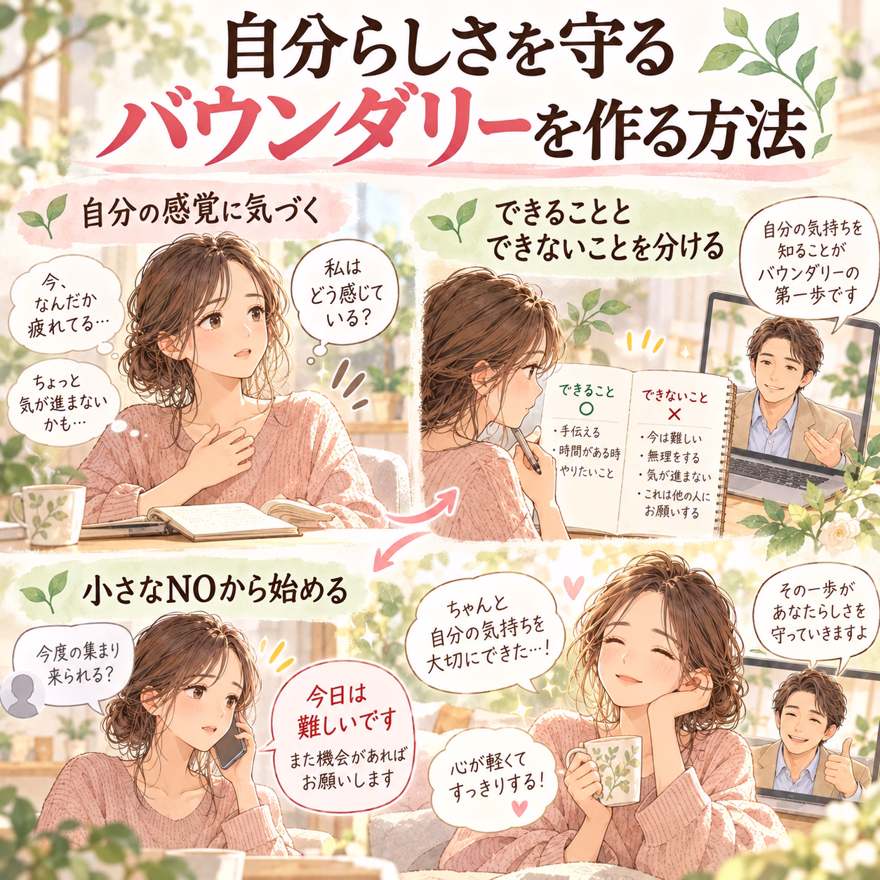 自分らしさを守るための境界を作る方法を解説する、4コマ風のイラストと会話。女性が自分の感覚に気づく場面から始まる。