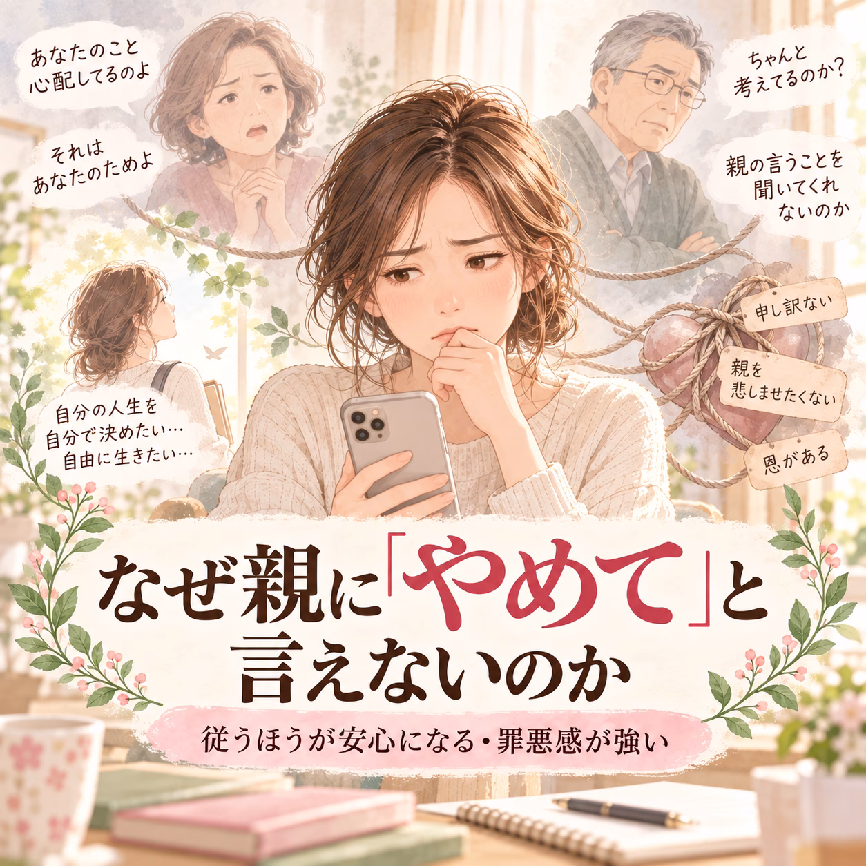 A worried young woman holds a smartphone, surrounded by speech bubbles about family pressure, with a heart and rope motif in the background and a large Japanese title at the bottom.