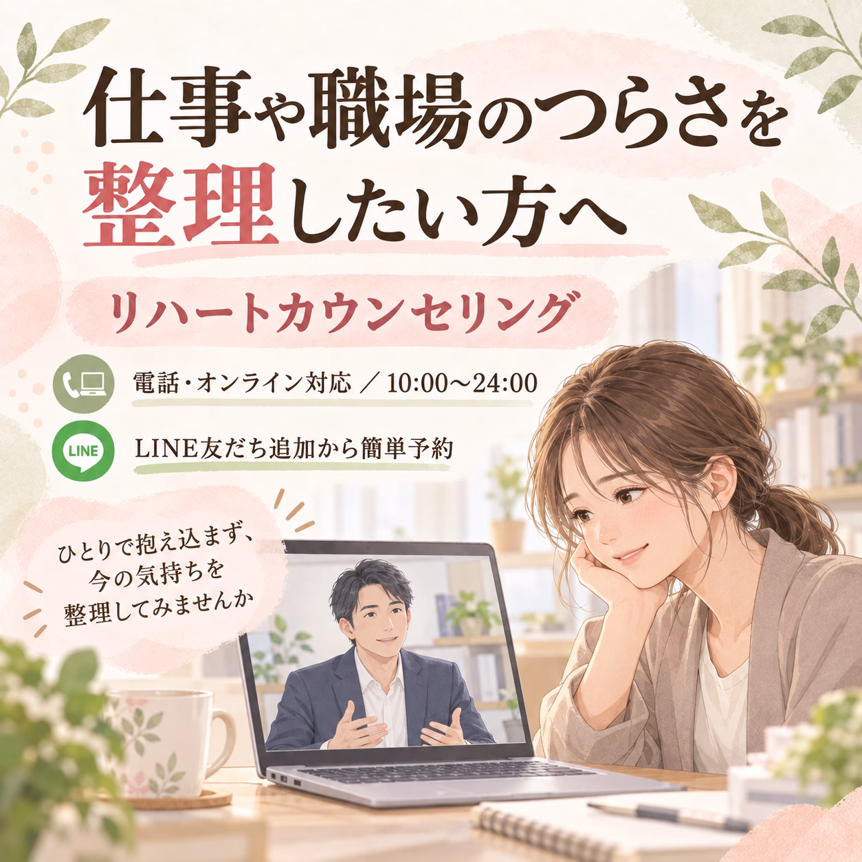 女性がデスクでオンラインカウンセリングを受けている様子。ノートパソコンの画面には男性カウンセラーが映る広告風のイラスト。