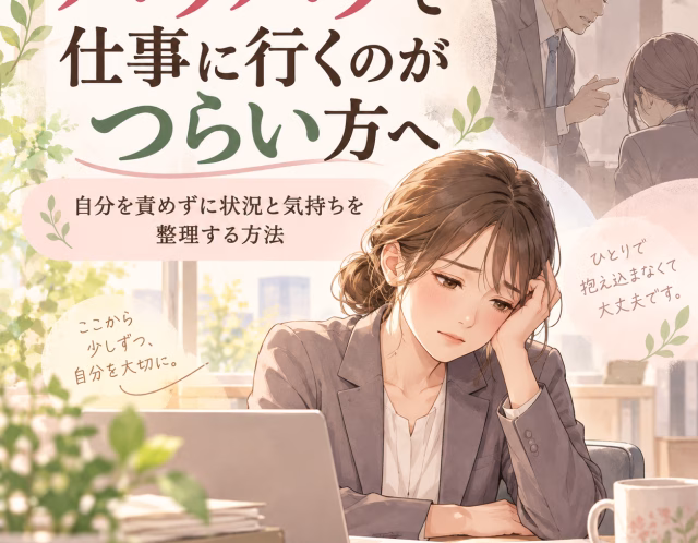 Illustrated cover: a tired woman in a blazer at a desk with a laptop, plant, and mug; coworkers argue in the background.