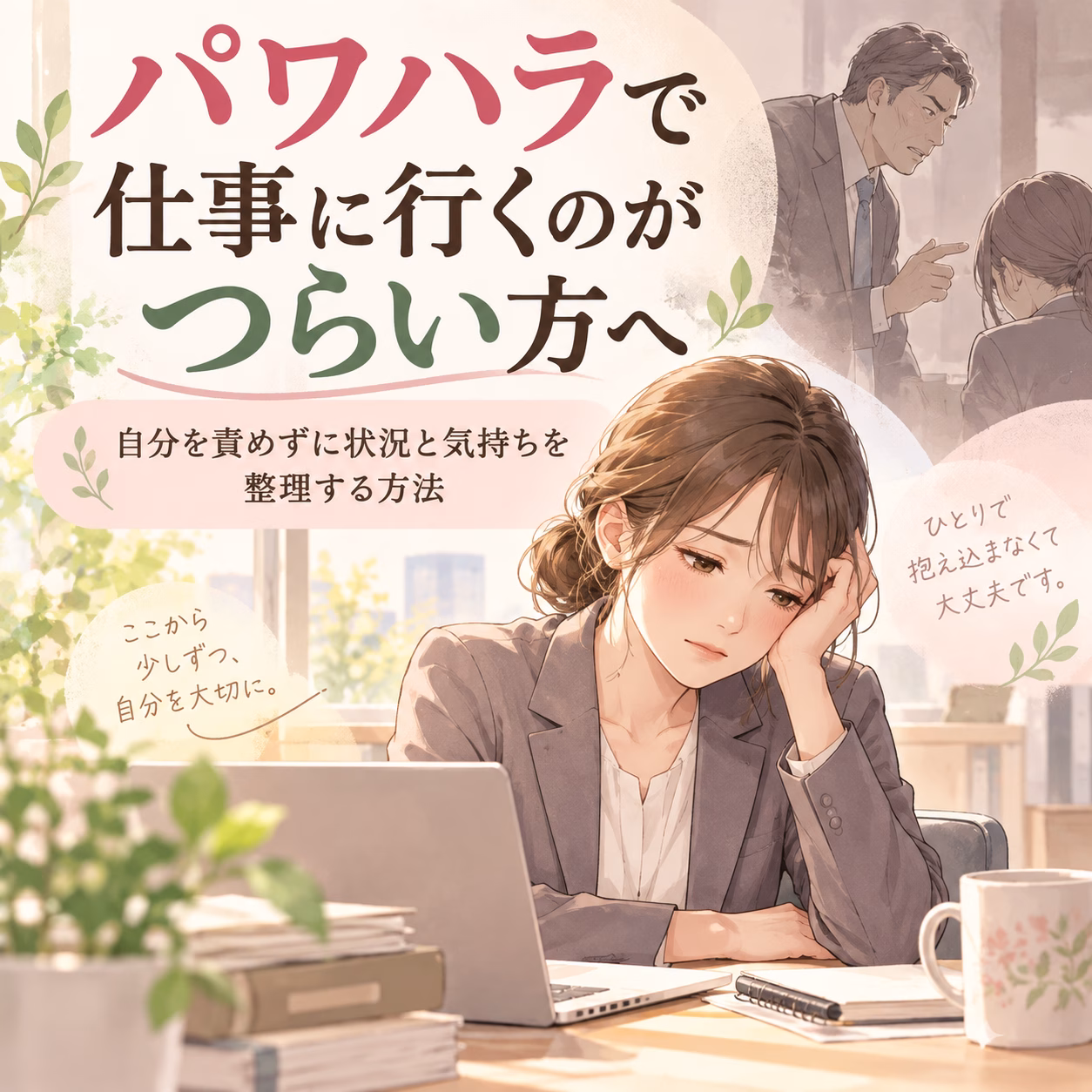 Illustrated cover: a tired woman in a blazer at a desk with a laptop, plant, and mug; coworkers argue in the background.