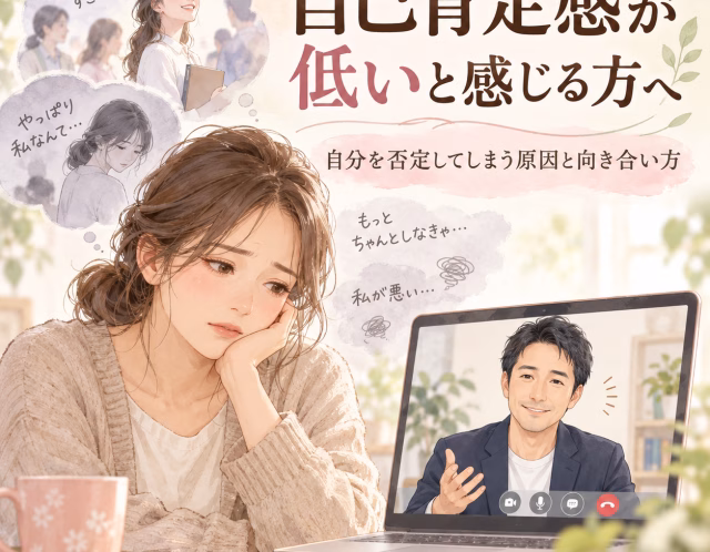 Young woman sits at a desk with her chin in her hand, appearing distressed while on a video call with a smiling man on the laptop screen, in pastel illustration about self-esteem.