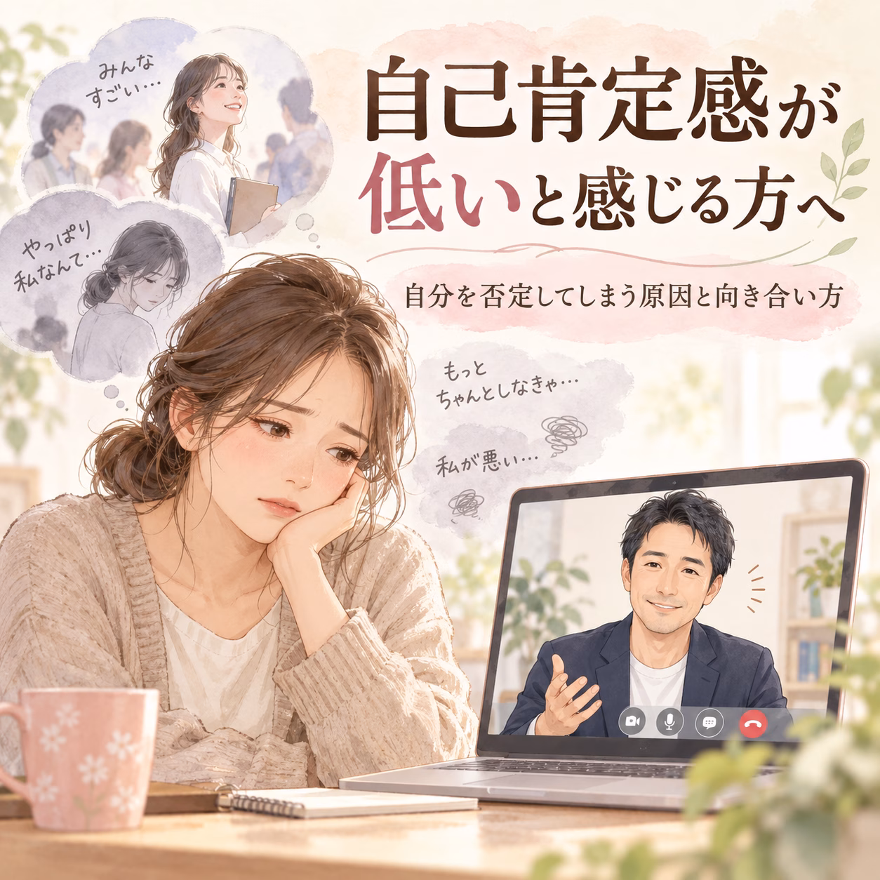 Young woman sits at a desk with her chin in her hand, appearing distressed while on a video call with a smiling man on the laptop screen, in pastel illustration about self-esteem.