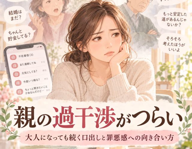Illustrated book cover: a distressed young woman sits at a desk, with concerned older parents in the background and speech bubbles, Japanese title about parental interference.