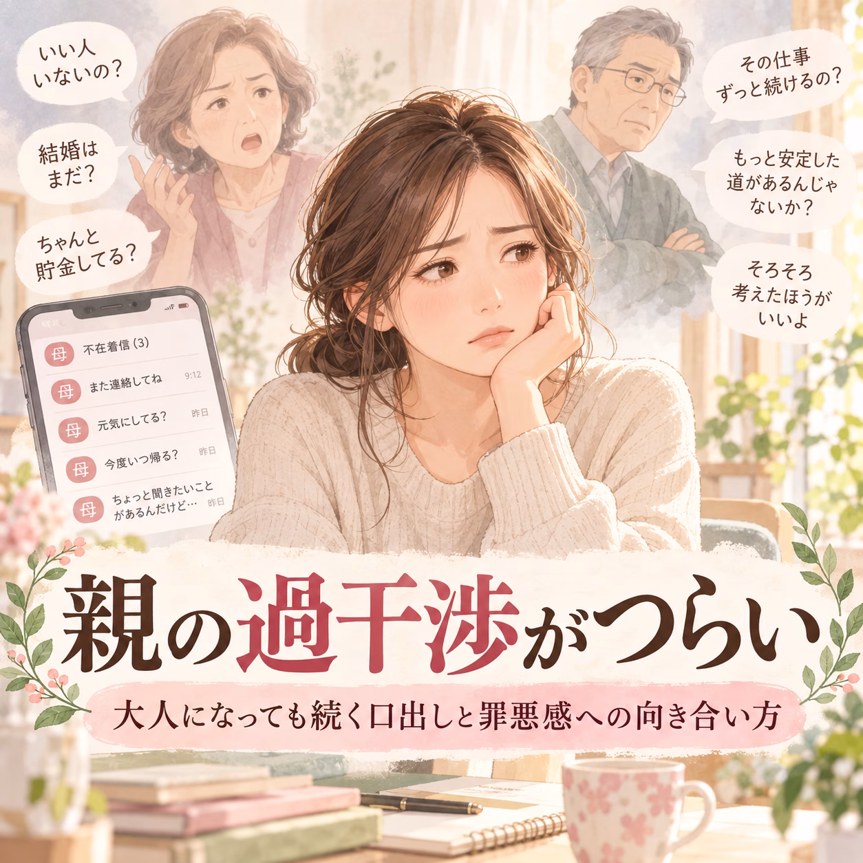 Illustrated book cover: a distressed young woman sits at a desk, with concerned older parents in the background and speech bubbles, Japanese title about parental interference.