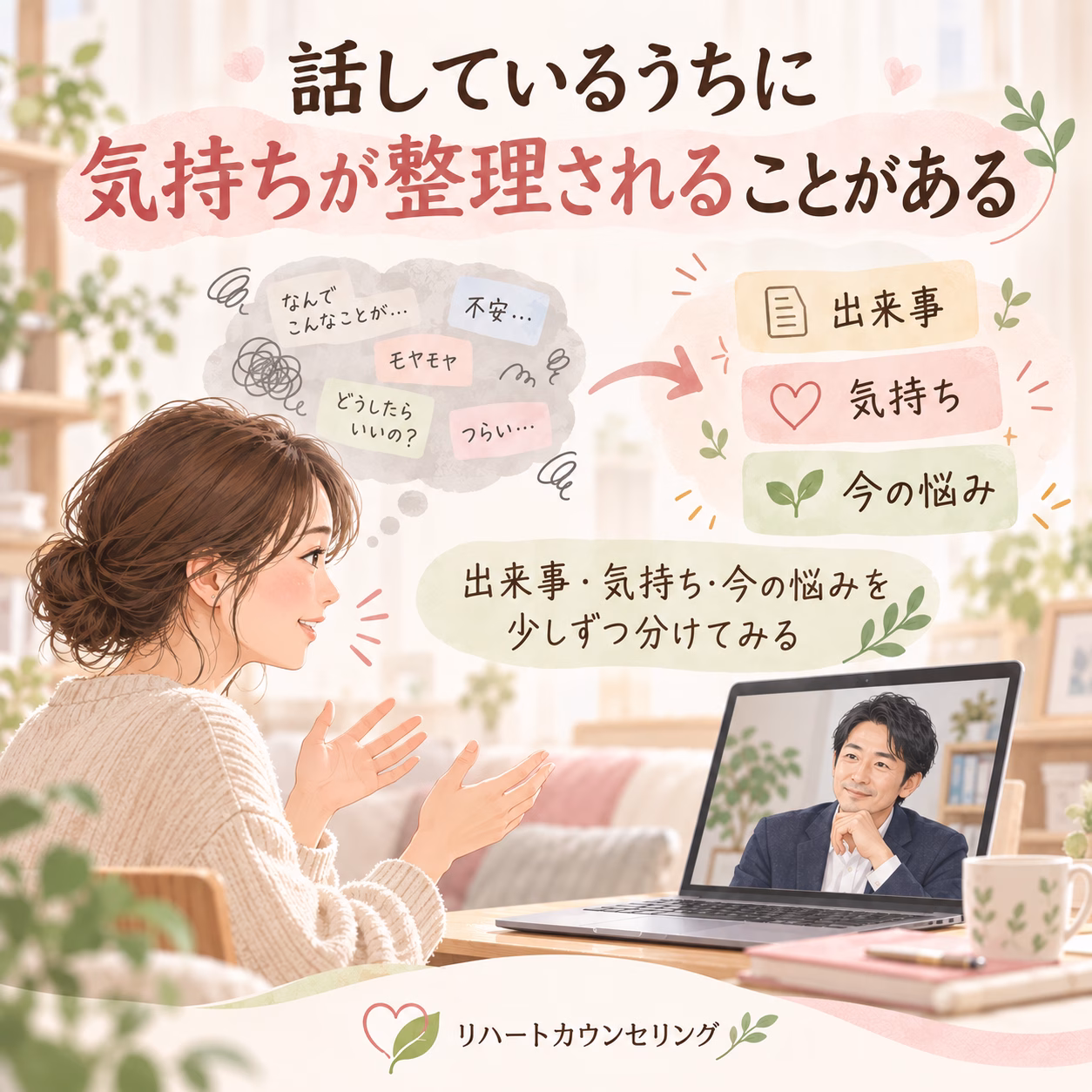 オンラインカウンセリング中の女性と画面の男性カウンセラー。やわらかな色調の背景に感情を整理するメモが描かれたイラスト。