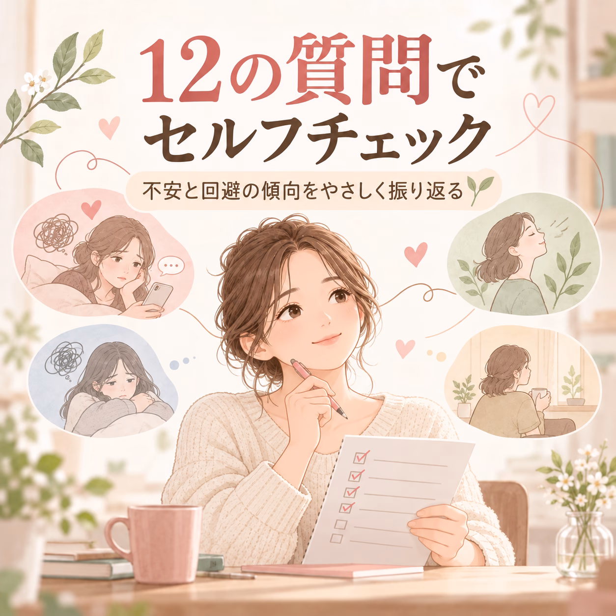 Main illustration of a woman at a desk with a checklist, surrounded by thought bubbles about self-care and reflection in soft pastel tones.