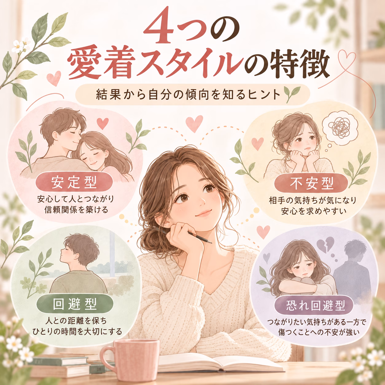 4つの愛着スタイルの特徴を紹介するイラスト。中央の女性が考え、周囲に安定型・不安型・回避型・恐れ回避型の説明バルーン。