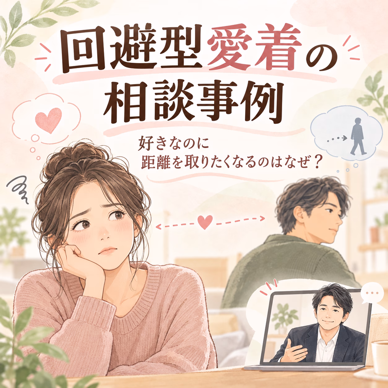 回避型愛着で恋人と距離を取ってしまうのはなぜ5つの相談事例から考える原因と向き合い方 | リハートカウンセリング.com|傾聴で思考のクセを整え、生きにくさを軽くする電話・オンライン相談 Pastel illustration for an article about avoidant attachment: a worried woman in a pink sweater watches a video call on a laptop showing a man, with a man in the background and thought bubbles nearby.