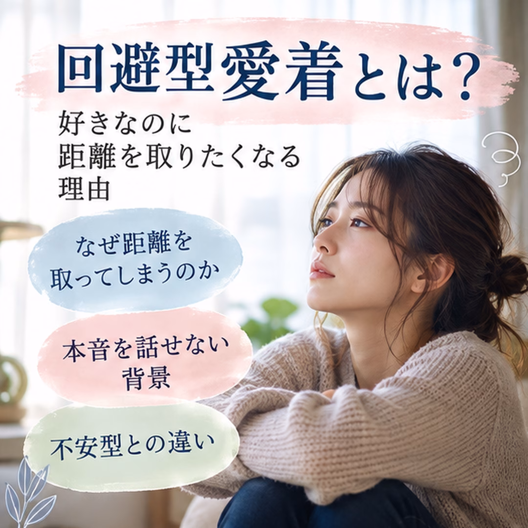 回避型愛着とは?と題する日本語の解説画像。距離を取る理由と背景を示す女性の写真。