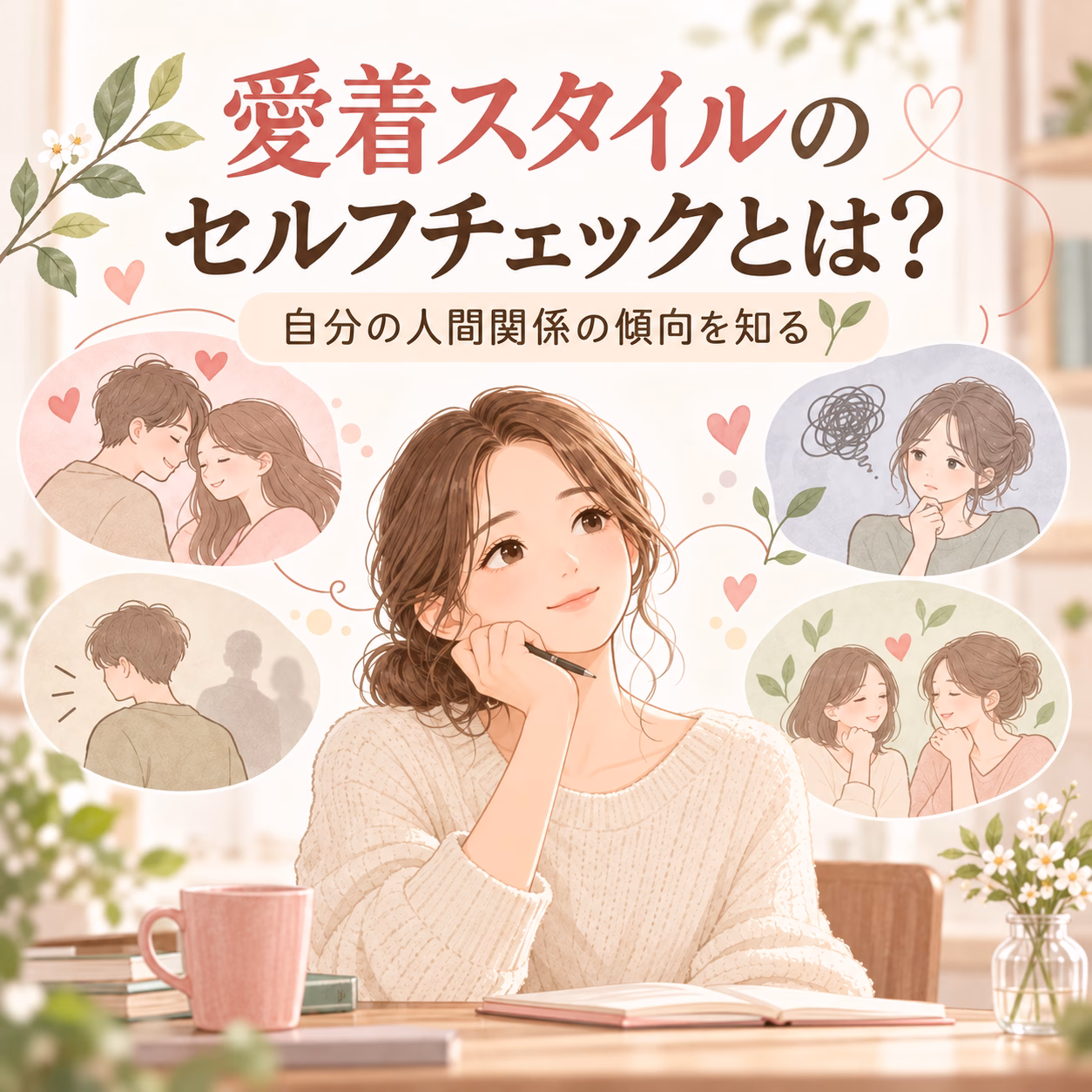 Illustrated woman sits at a desk in a cozy room, thinking about relationships, with bubble scenes of couples nearby. Japanese title about self-checking relationship style above her.