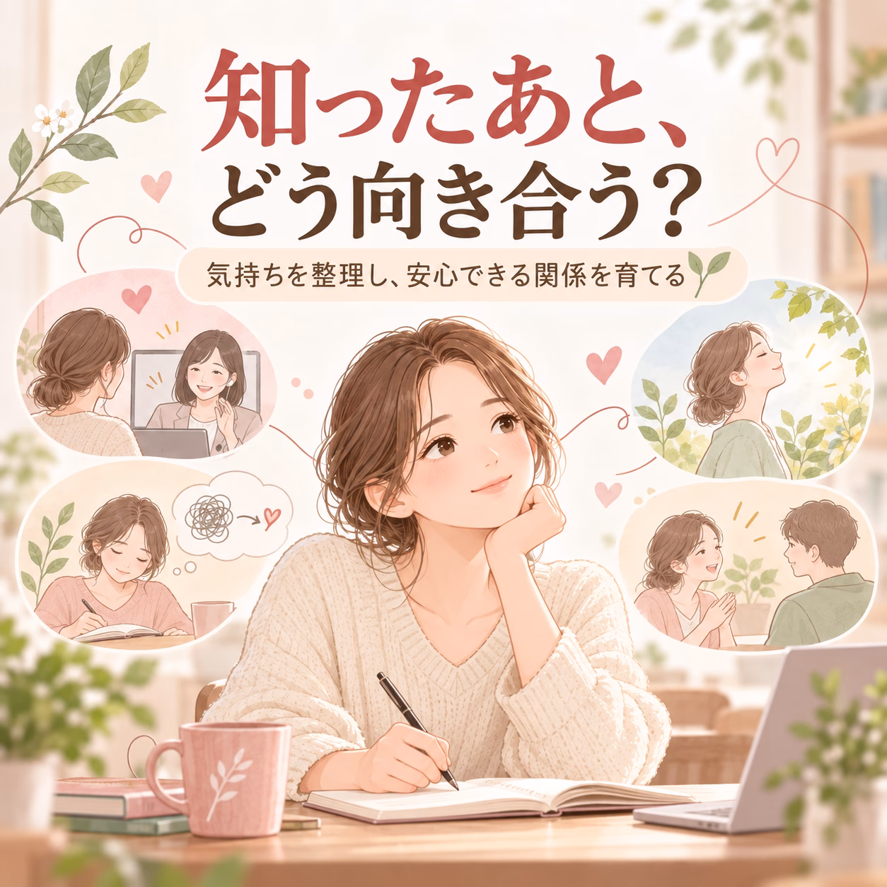 Pastel illustration of a woman writing at a desk, surrounded by thought bubbles of conversations and moments with loved ones; Japanese title about handling feelings and healthy relationships.