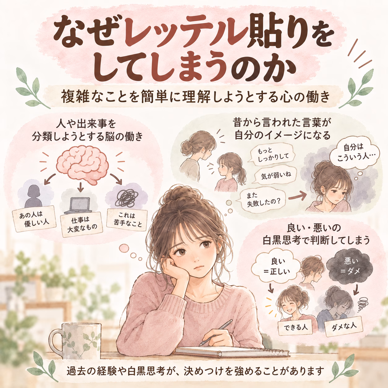 なぜレッテル貼りをしてしまうのかを解説する日本語のインフォグラフィック。思考する女性と脳の図、吹き出し付き。
