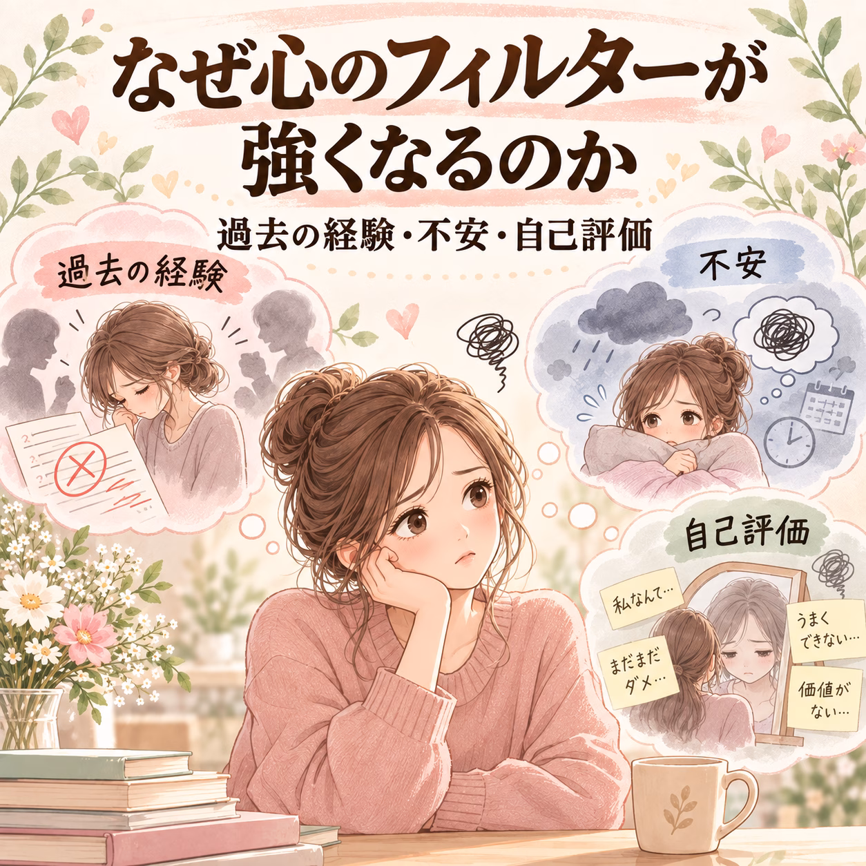 Young woman sits at a desk, lost in thought about past experiences, anxiety, and self-worth, with related thought bubbles around her.