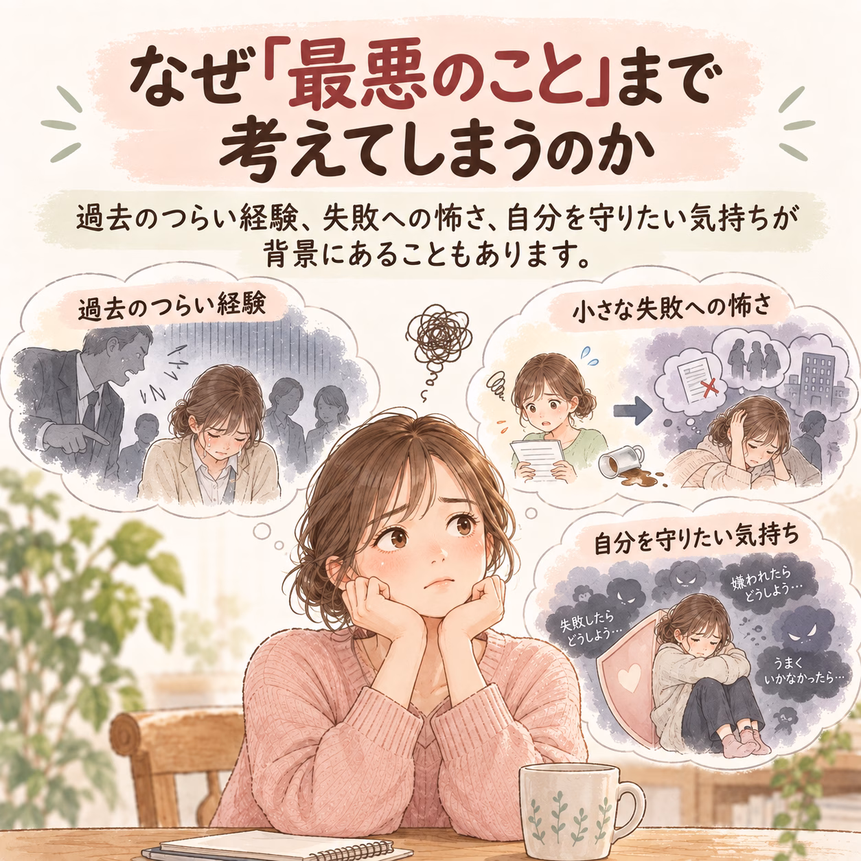 A woman sits at a table, resting her chin, surrounded by thought bubbles about painful past experiences, fear of failure, and wanting to protect herself.