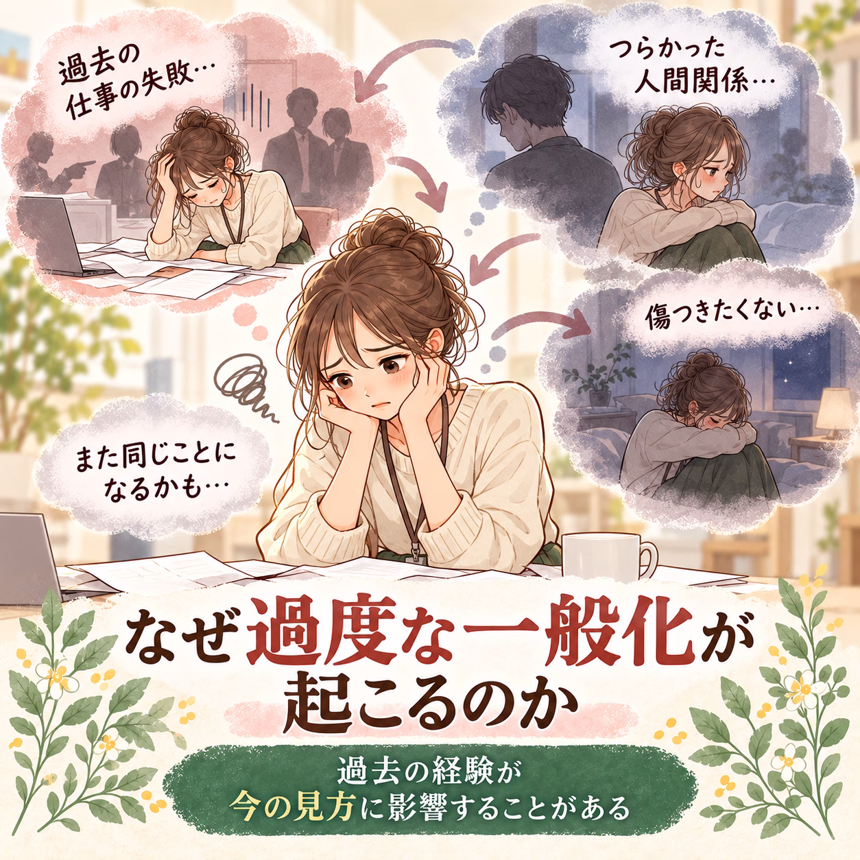 A worried woman sits at a desk with papers and a laptop, surrounded by thought bubbles about past job failures, painful relationships, and fear of repeating the same mistakes.
