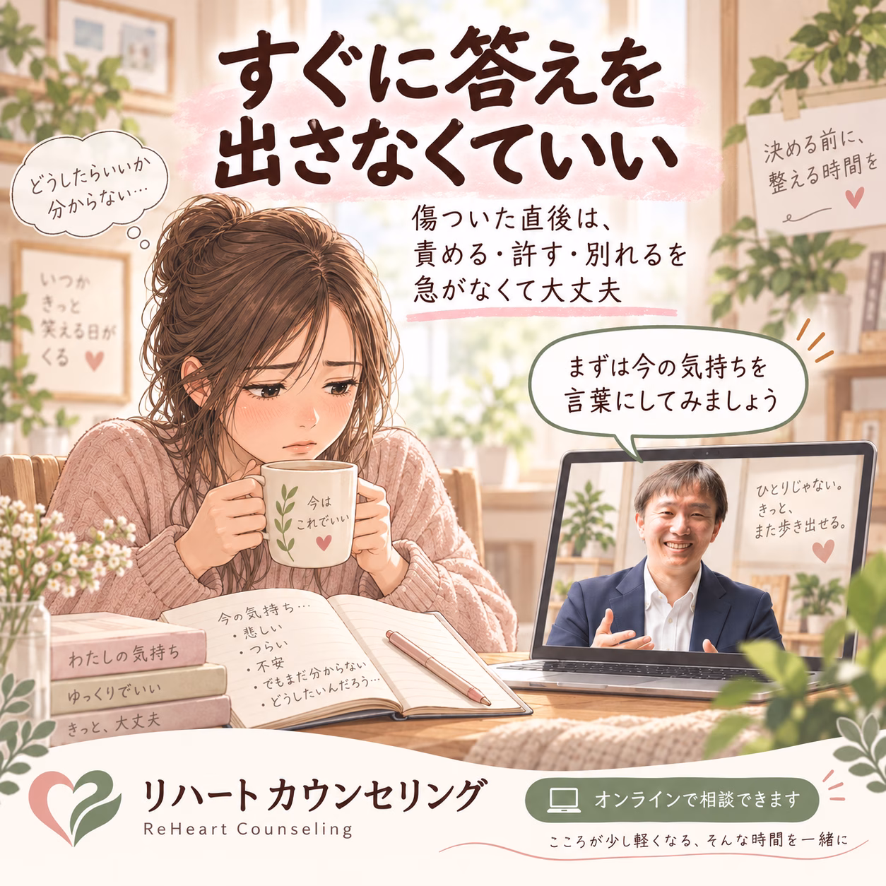 Woman sipping from a mug while writing in a notebook, as a man shows on a laptop screen for an online counseling session in a cozy setting.