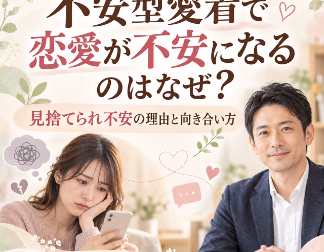 日本語ポスター: 不安型愛着で恋愛が不安になるのはなぜ？— 左の女性がスマホを見つめ、右の男性が微笑む。花とハートのデザイン。