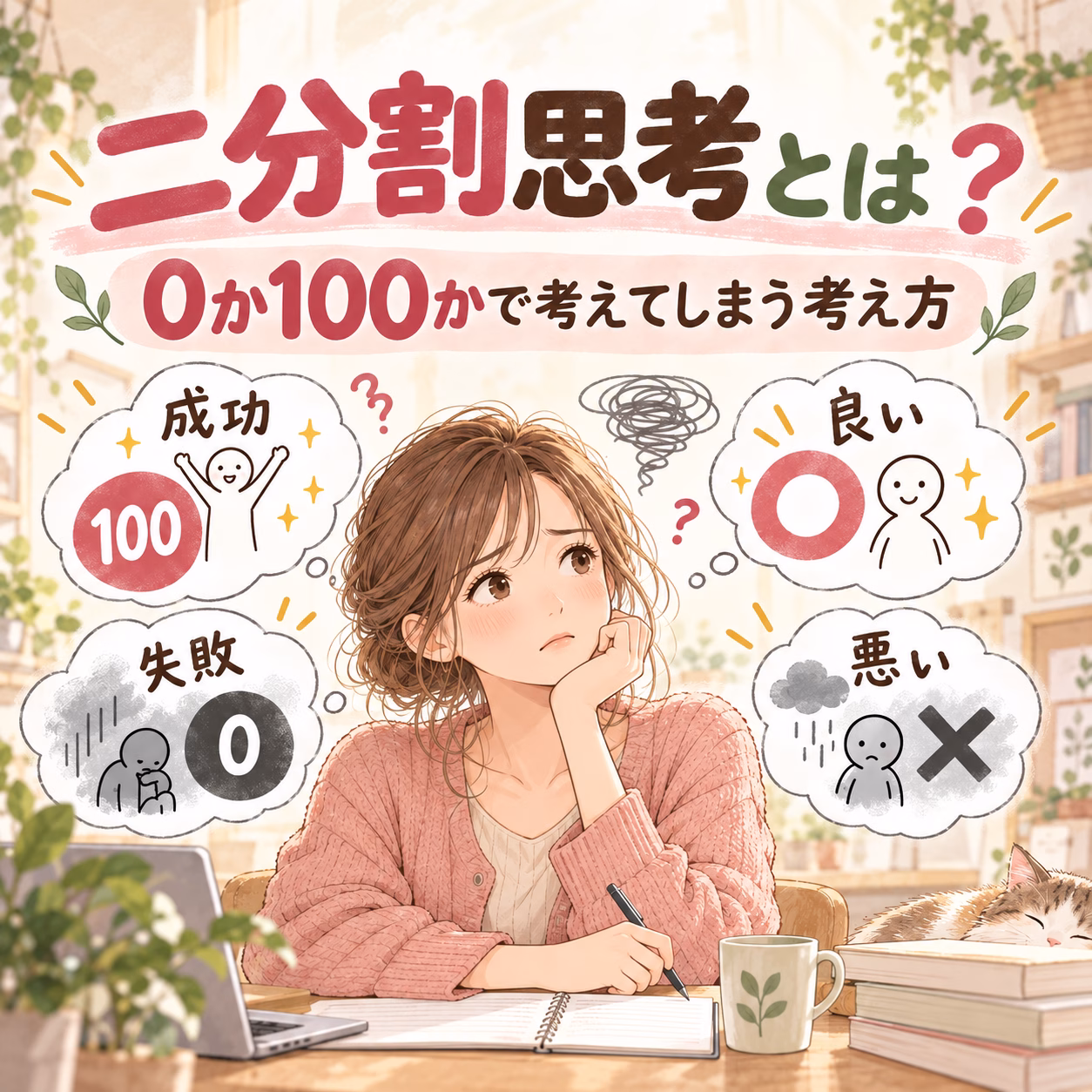 考えに迷う女性が机でノートを取り囲まれ、二分思考を示す0か100の吹き出しが周囲にあるイラスト。文字は『二分割思考とは？0から100かで考えてしまう考え方』。