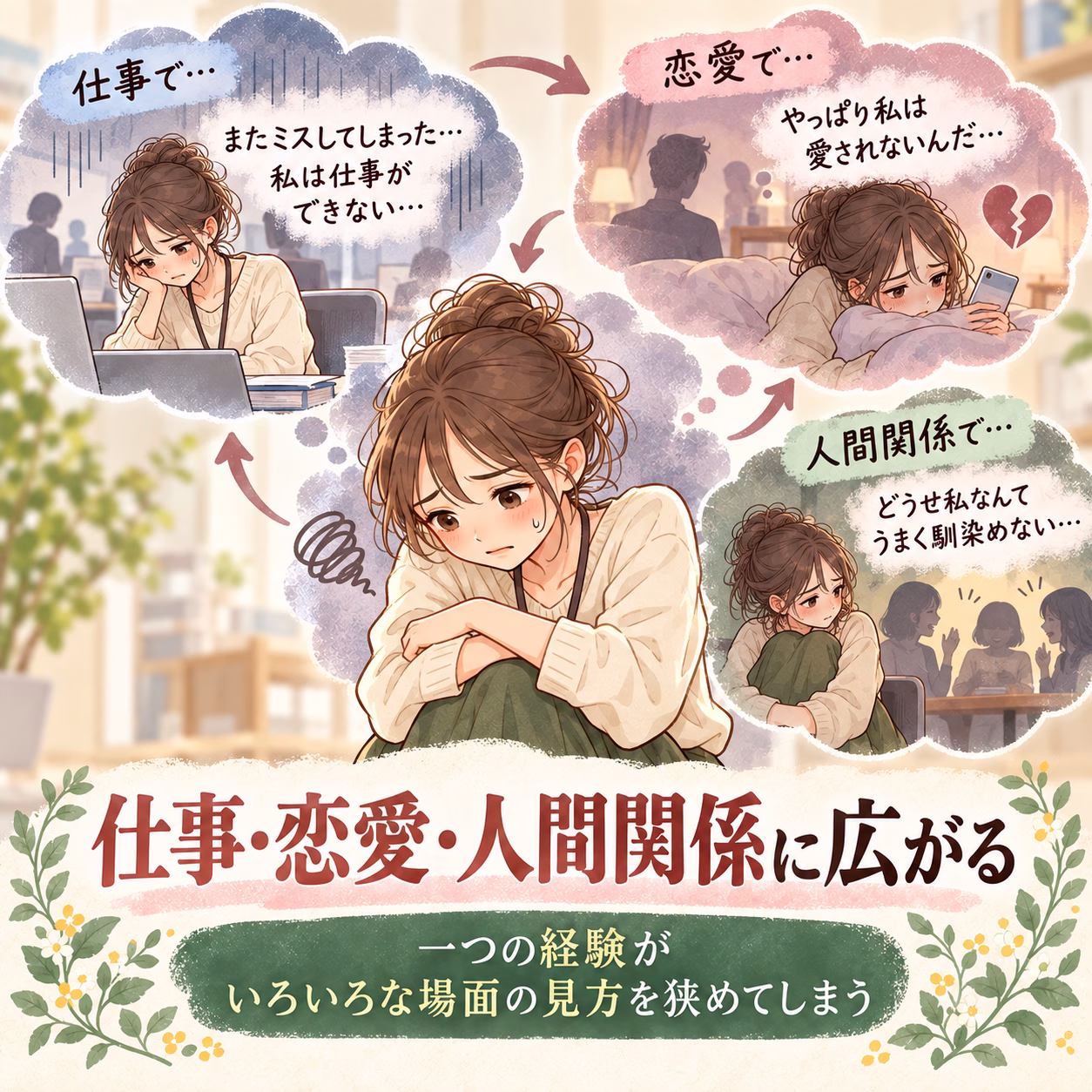 Young woman sits curled up, overwhelmed by thoughts about work, love, and relationships shown in cloud speech bubbles around her.