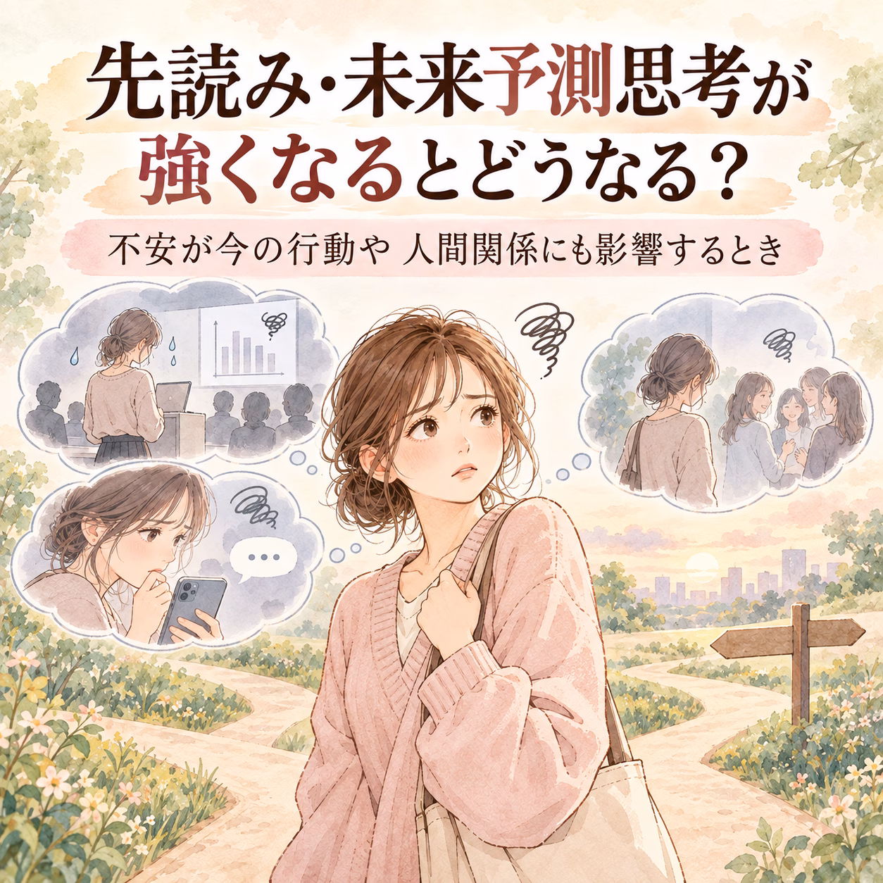 Young woman in a pink sweater walking along a garden path, imagining work, friendships, and messages in thought bubbles.
