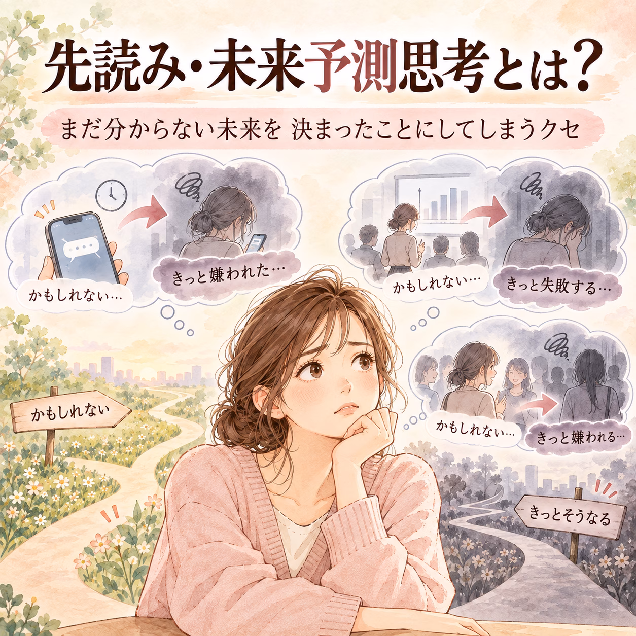 Young woman in a pink sweater sits at a table outdoors, imagining various futures in cloud-shaped thought bubbles about being disliked or succeeding.