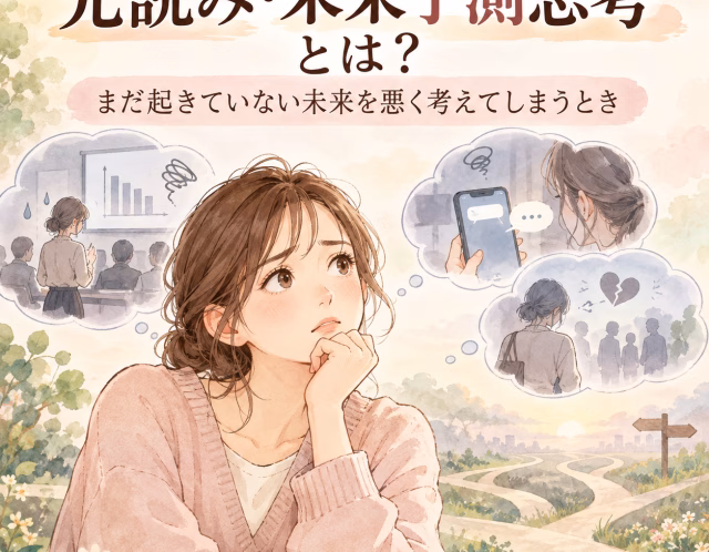 Young woman sits in a field, thinking about the future, with thought bubbles showing a business chart, a phone message, and a heartbreak among people.