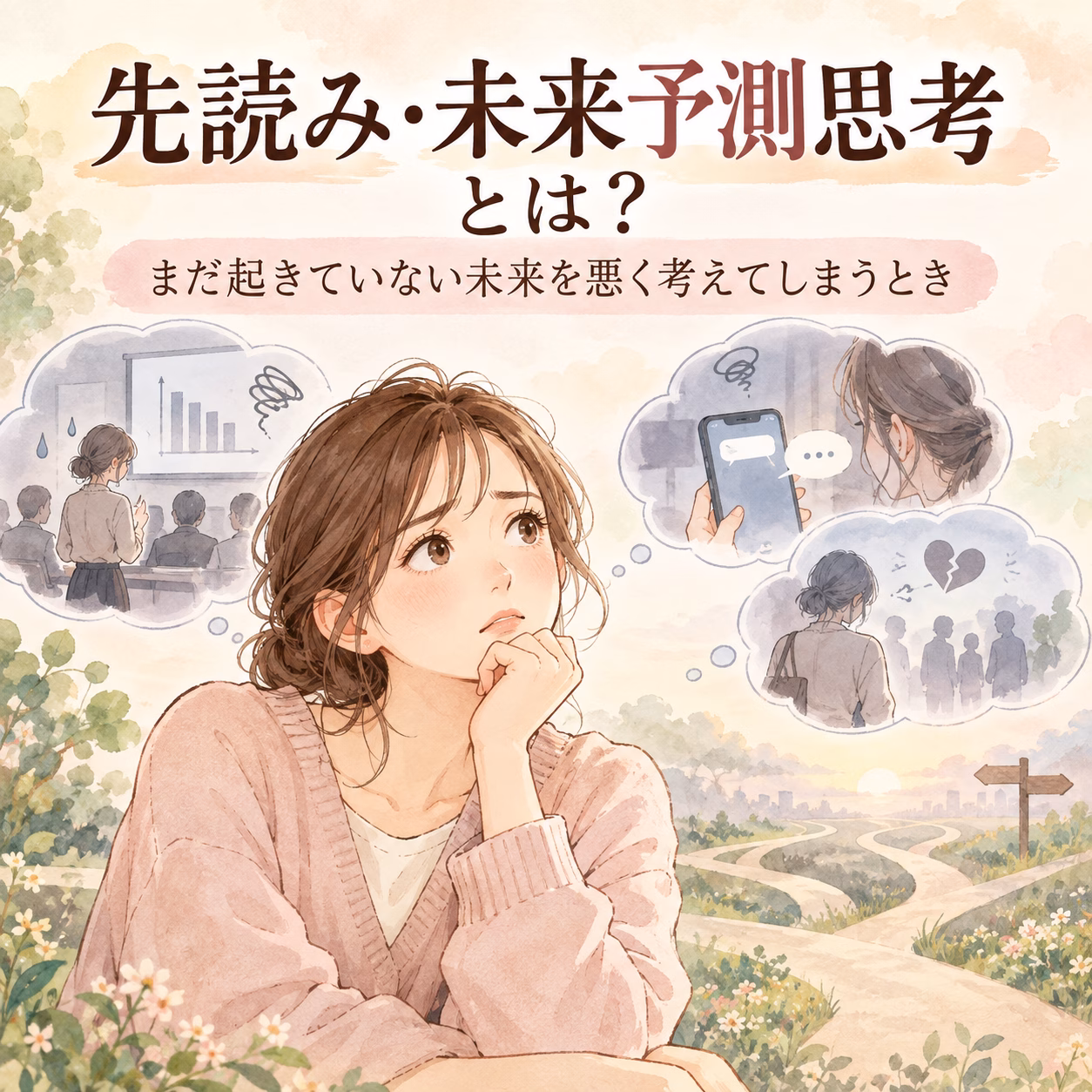 先読み未来予測思考とはまだ起きていないことを悪く考えてしまう理由 | リハートカウンセリング.com|傾聴で思考のクセを整え、生きにくさを軽くする電話・オンライン相談 Young woman sits in a field, thinking about the future, with thought bubbles showing a business chart, a phone message, and a heartbreak among people.