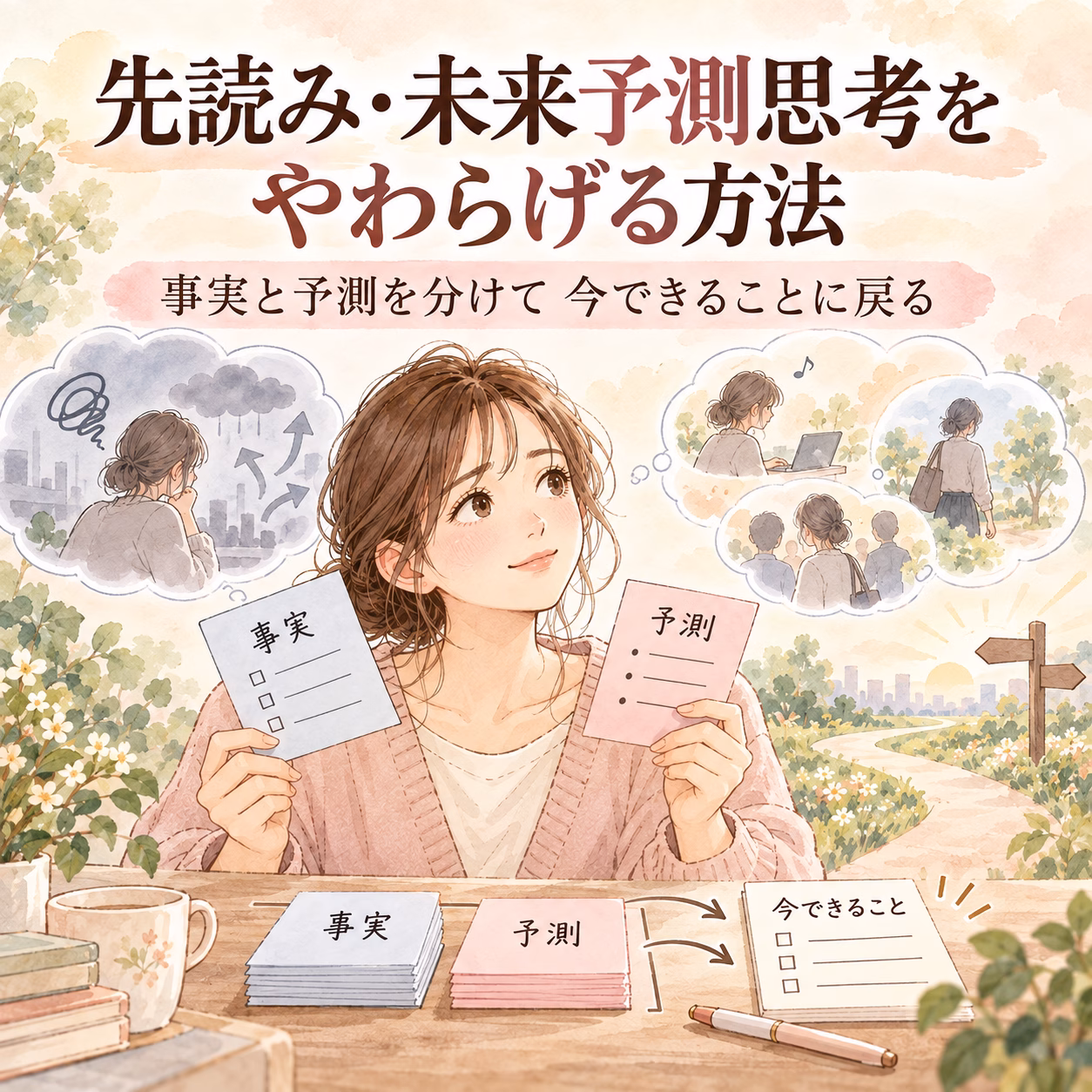 未来予測思考をやわらげる方法の書籍表紙。女性が事実カードと予測カードを持ち、思考を泡の中で分けている。