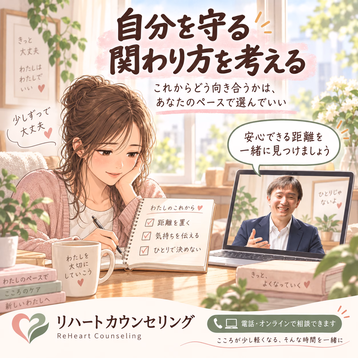 Soft illustration of a woman at a desk writing in a notebook while a smiling man appears on a laptop screen for an online counseling session, with supportive Japanese text in the background.