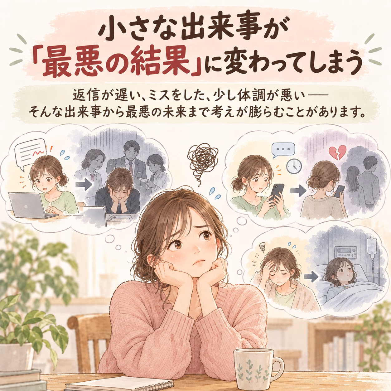 Woman sits at a table, chin in hands, while thought bubbles depict stressful scenarios of miscommunication, rejection, and illness.