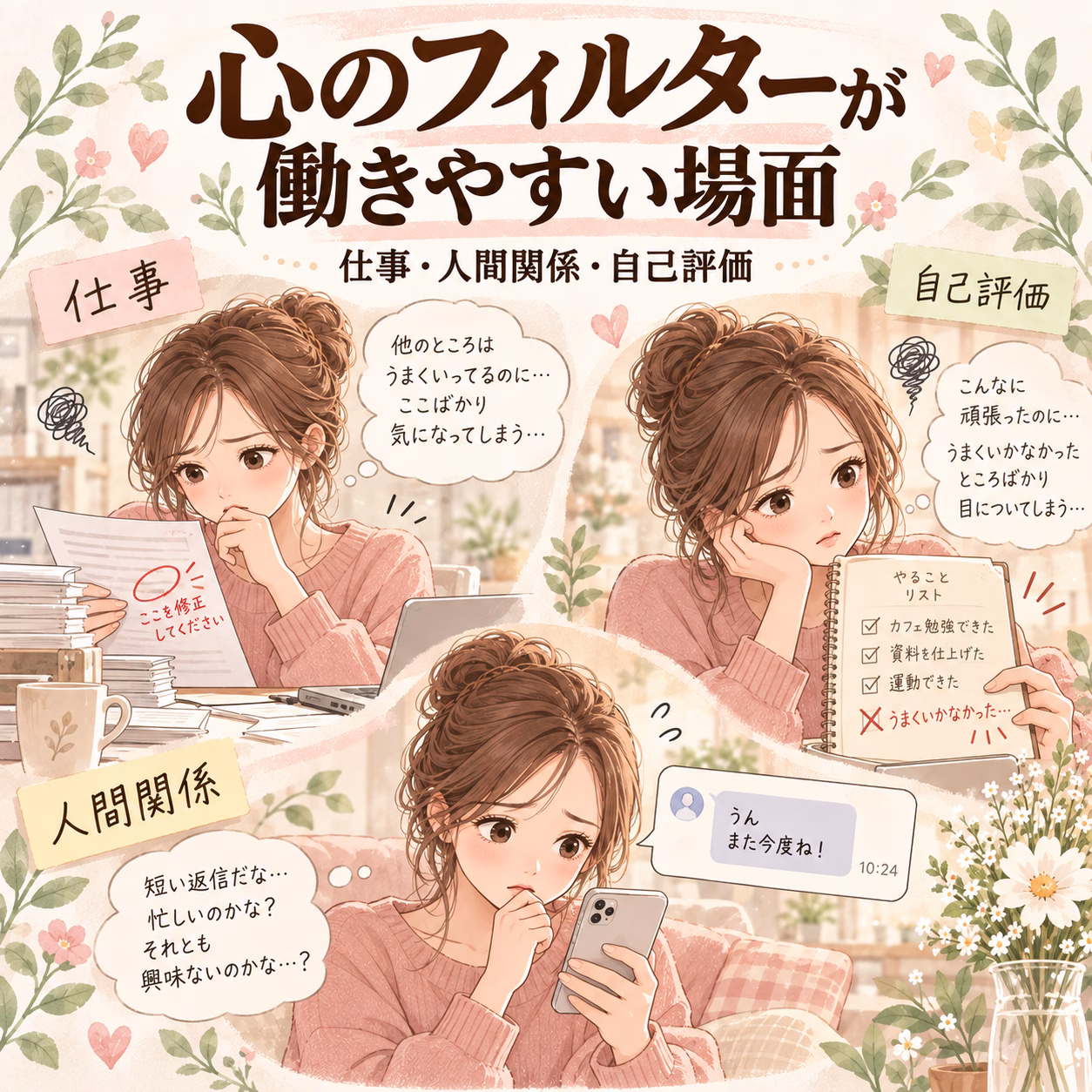 心のフィルターが働きやすい場面｜仕事・人間関係・自己評価