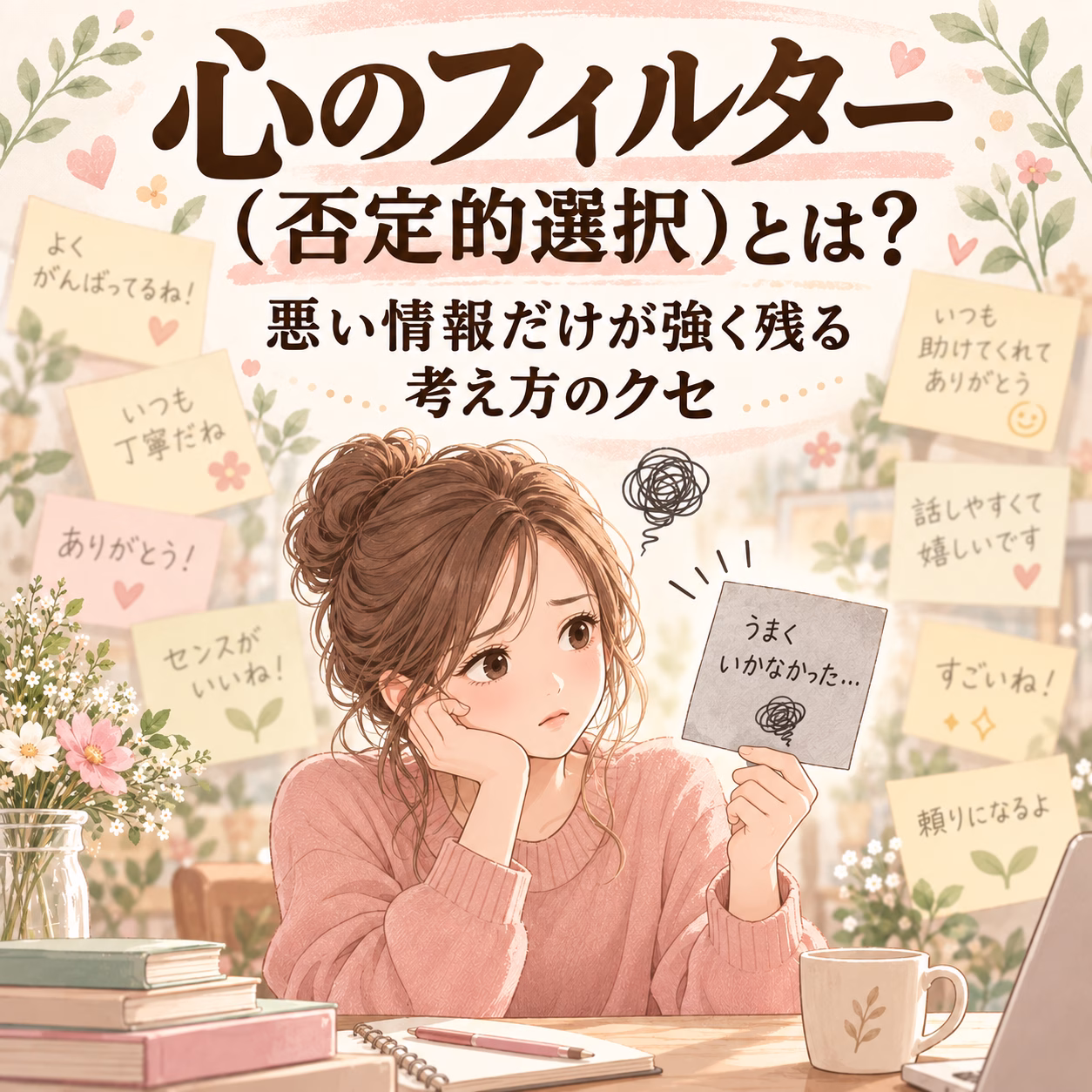 心のフィルターについて考える女性。周りに貼られた励ましのメモと花の背景が特徴的なイラスト。読み手に記事の主旨を伝えるビジュアル。