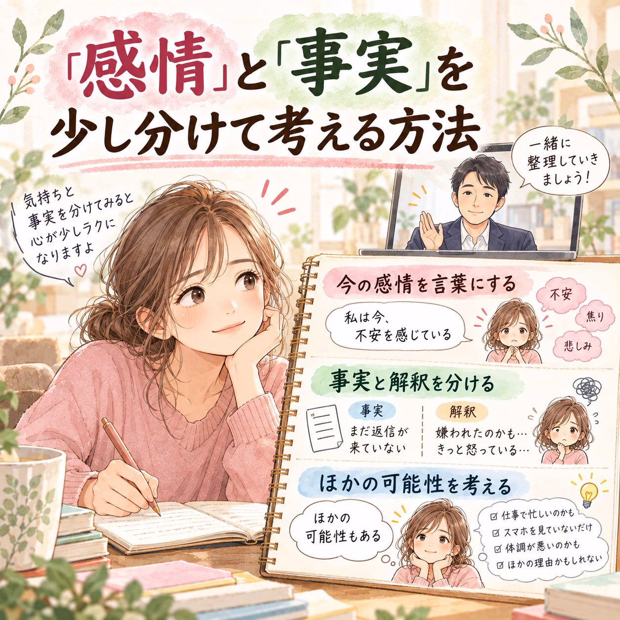 Woman is studying at a desk, writing in a notebook while an online mentor appears on a laptop screen, with a colorful infographic about separating feelings from facts in the background.”] ,