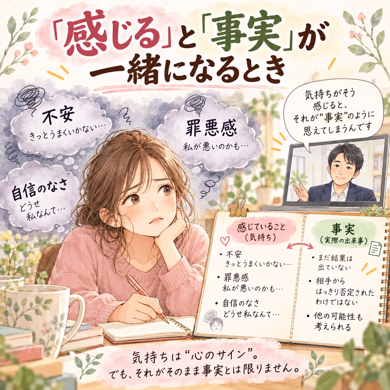 Illustration of a worried woman writing in a notebook, surrounded by thought clouds labeled with anxiety, guilt, and lack of confidence, while a man on a laptop advises reality vs feelings.