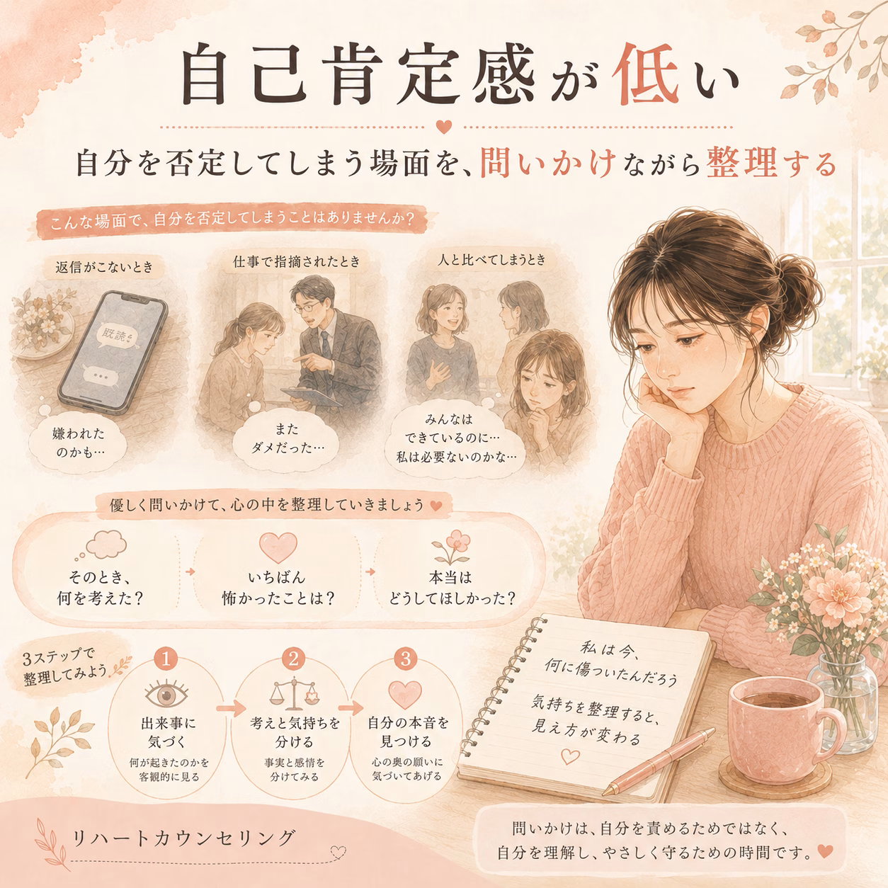 自分を否定してしまう場面を、問いかけながら整理する