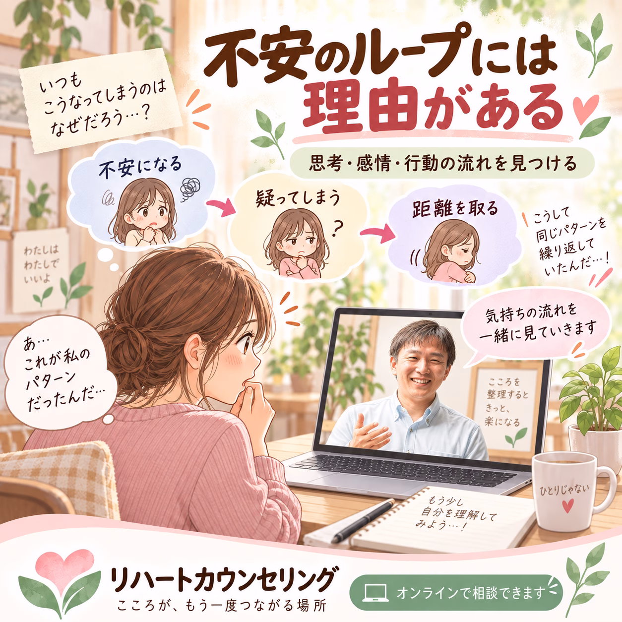 Woman at a desk viewing an online counseling session about anxiety, with thought bubbles illustrating worry, doubt, and pulling back from distance. Promotional banner for counseling service.