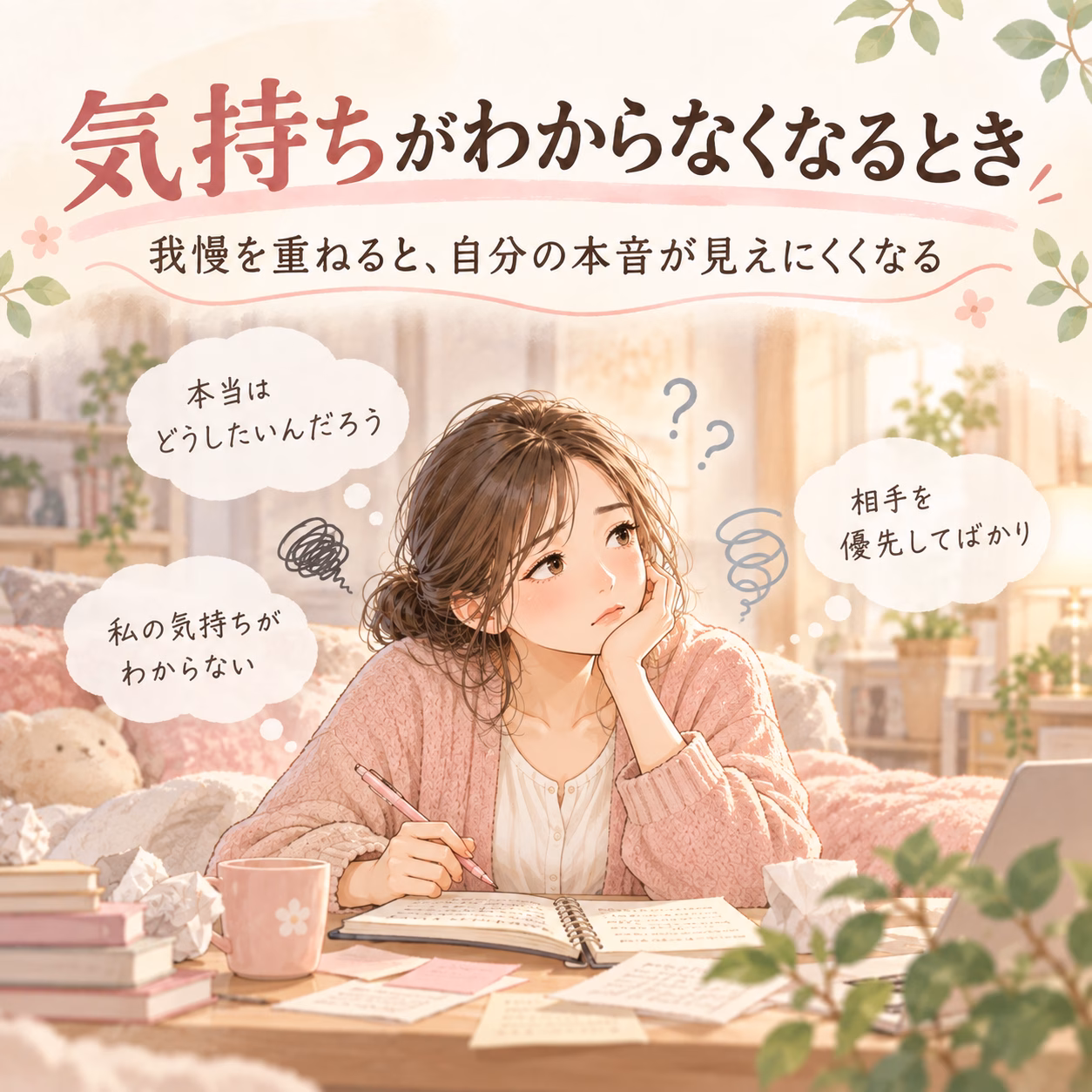 Illustration of a young woman at a desk, pensively resting her head on her hand, surrounded by thought bubbles about tricky feelings and confusion.