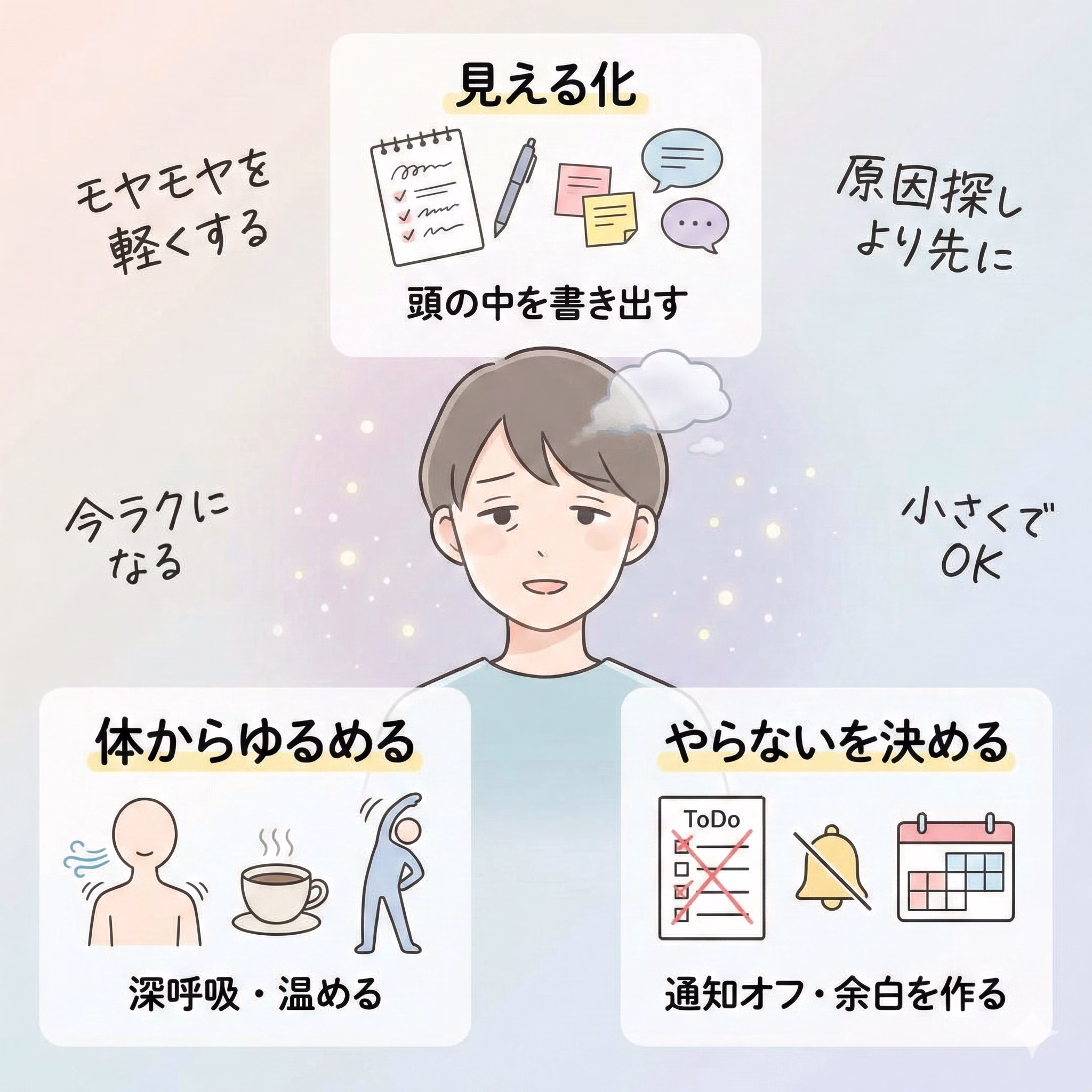 モヤモヤを軽くする方法｜原因探しより「今ラクになる」を優先しよう