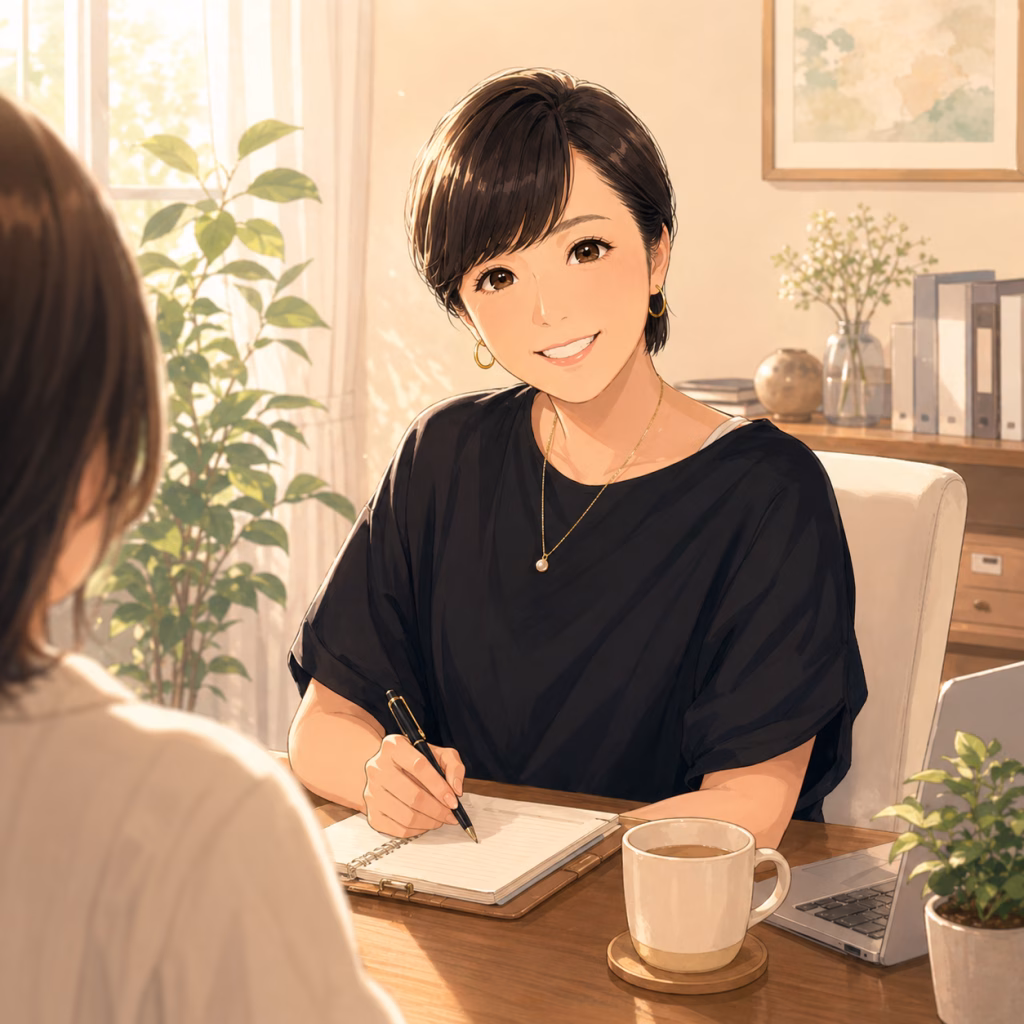 Smiling woman with short dark hair in a black top writes in a notebook at a sunlit desk during a meeting, coffee mug and laptop nearby.