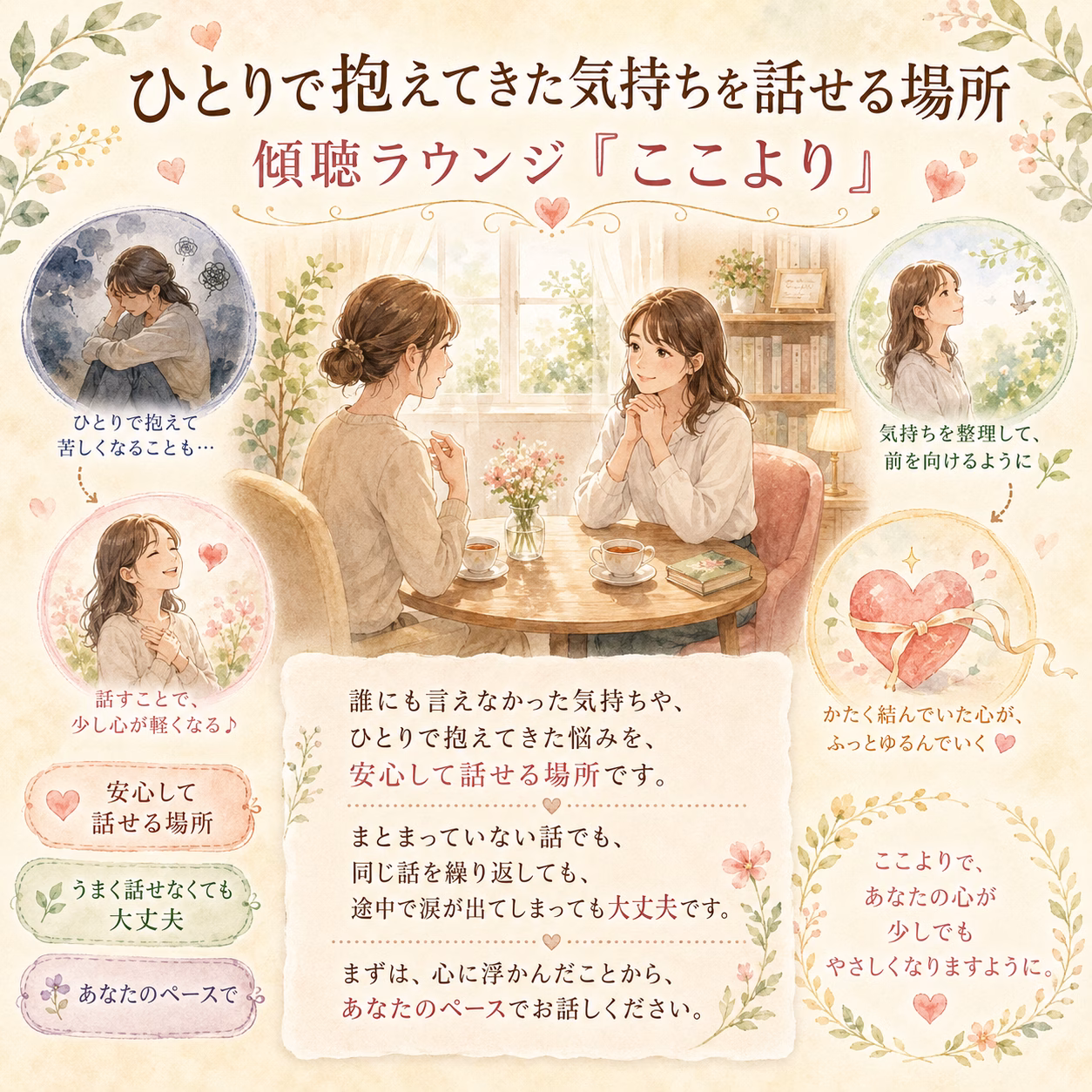 ひとりで抱えてきた気持ちを話せる場所｜傾聴ラウンジここより