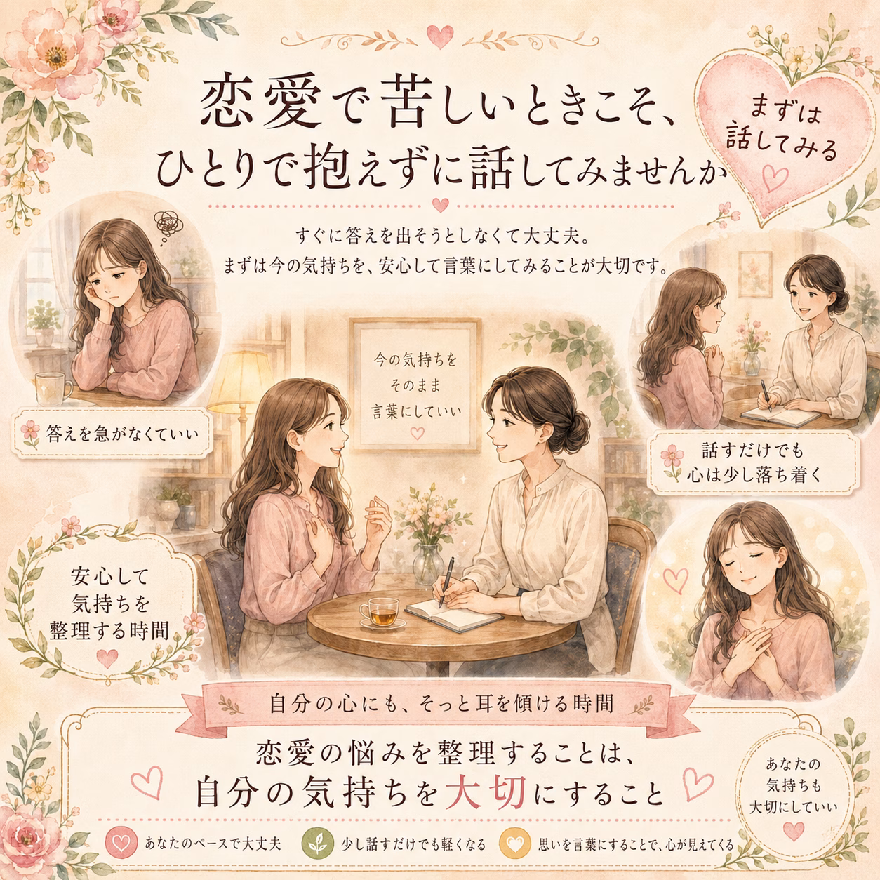 花とハートの装飾が背景の、カフェで話す二人の女性の穏やかな対話シーン。恋愛の悩みを整理するヒントを伝えるイラスト。