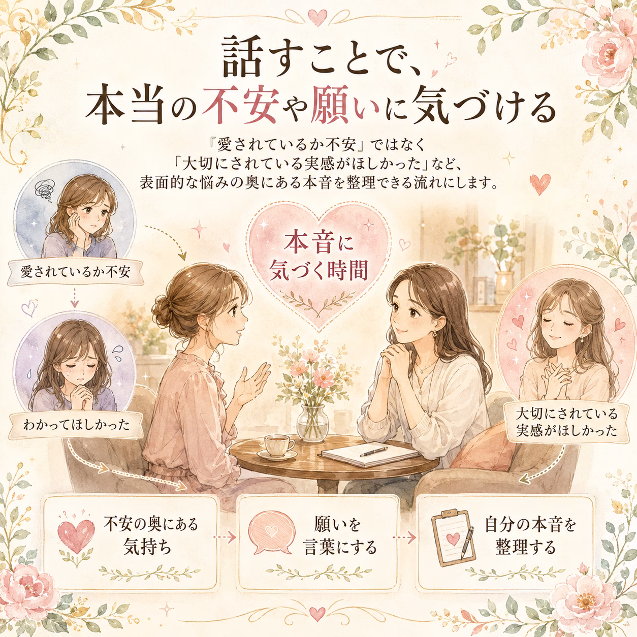 Pastel illustration of four women at a café discussing fears and feelings, with a heart centerpiece and a three-step flow about recognizing true feelings.