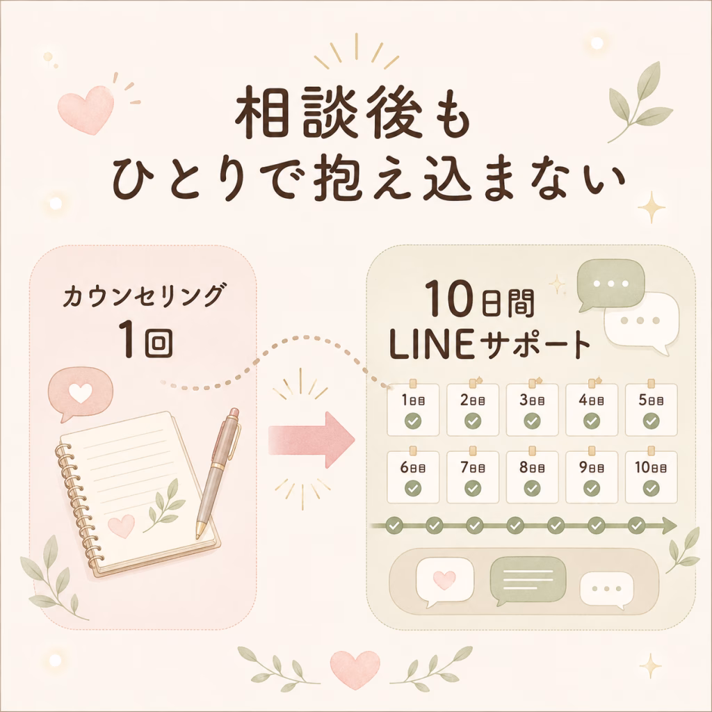 相談後も一人で抱え込まないことを伝える案内。左にカウンセリング1回、右に10日間のLINEサポートを示すイラスト。