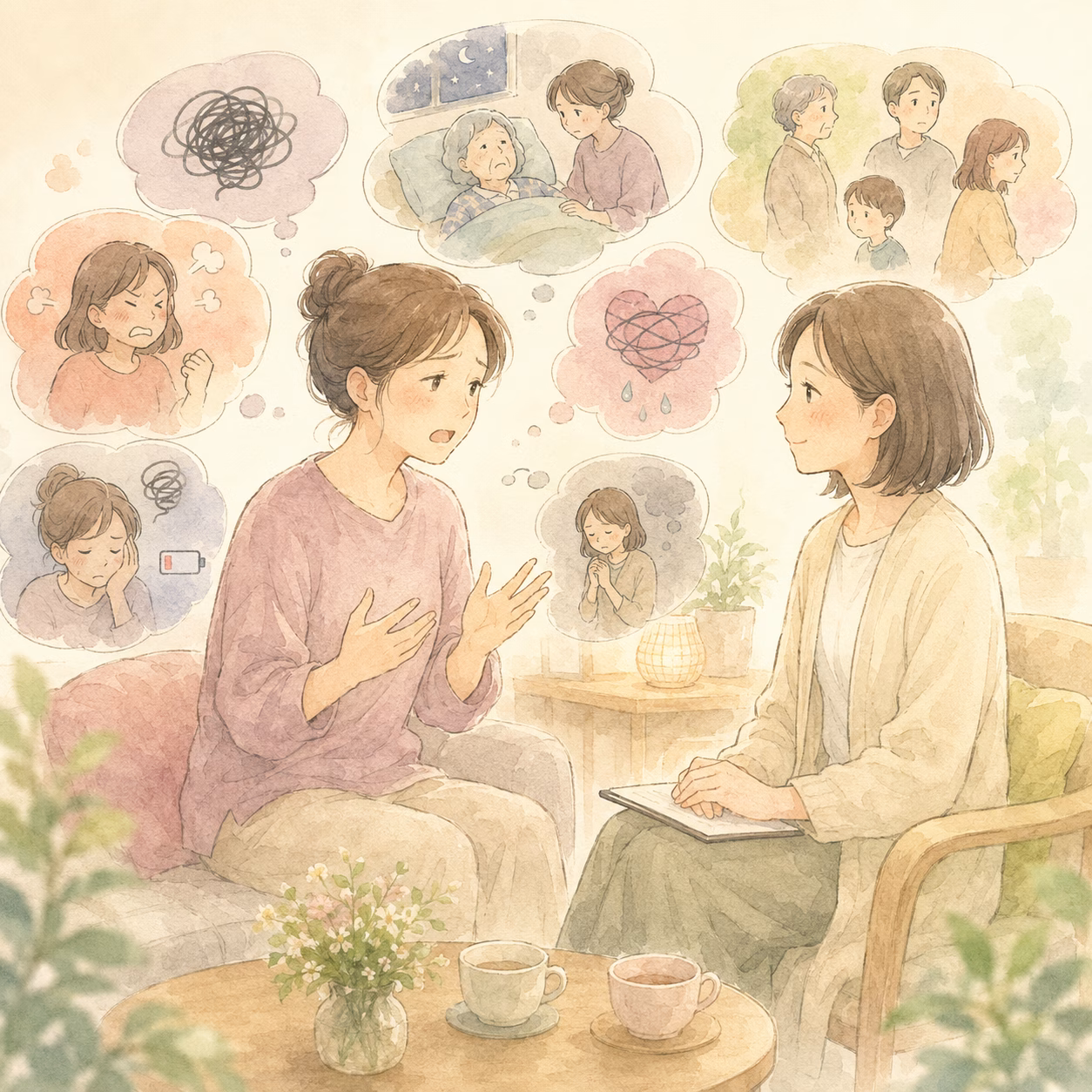 Counselor listens as a woman talks about her worries, with thought bubbles showing various fears and emotions around them.